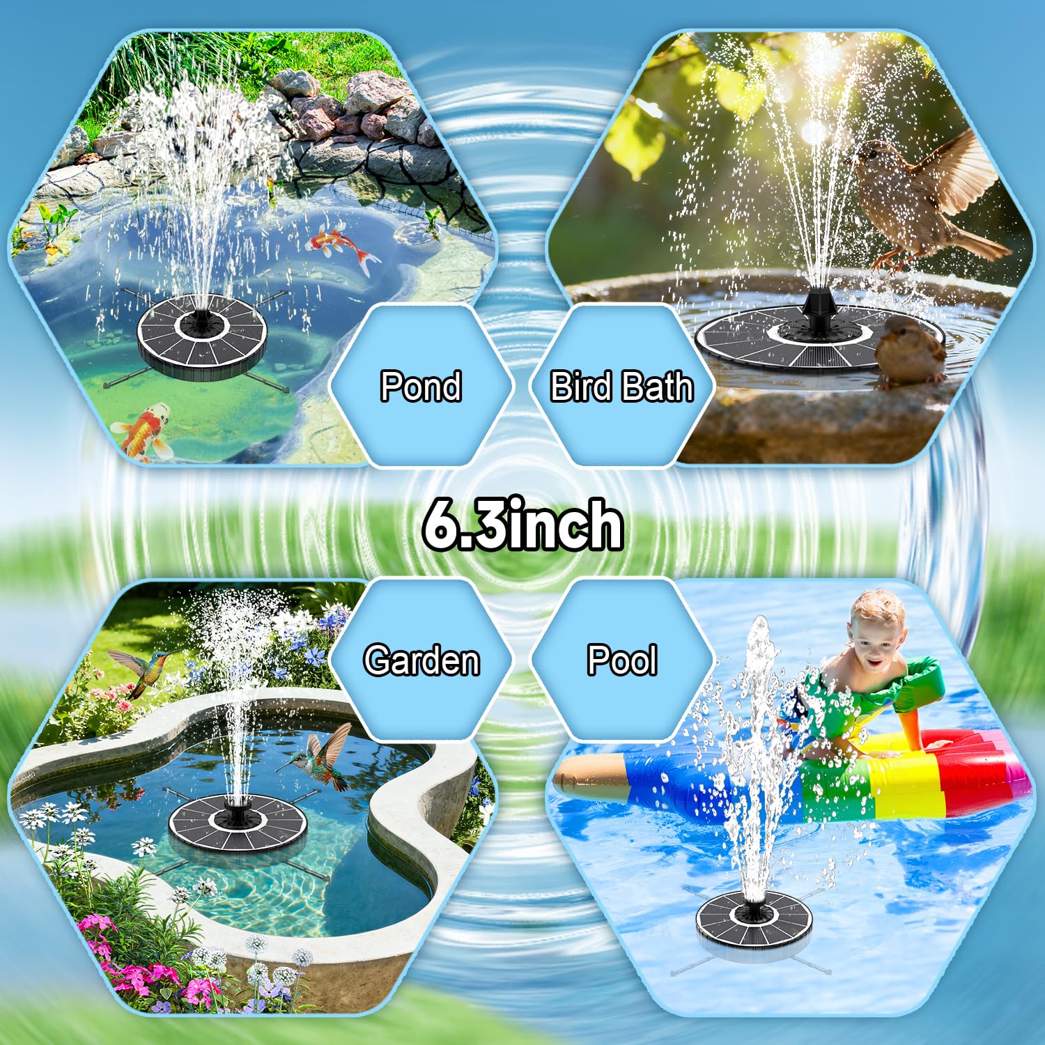 Yzert Solar Fountain with different spray nozzles