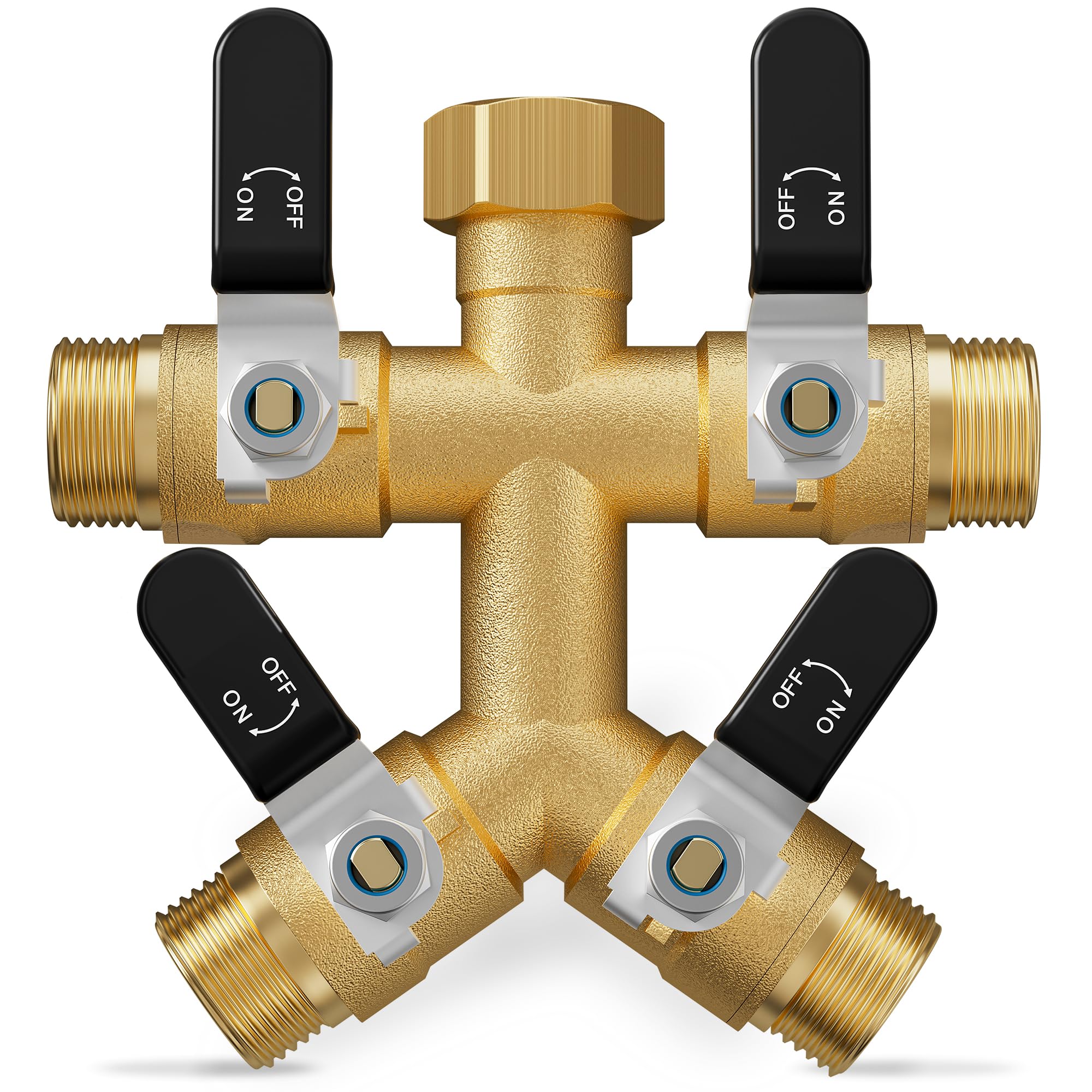 ZaakWang 4 Way Hose Splitter front view with brass finish