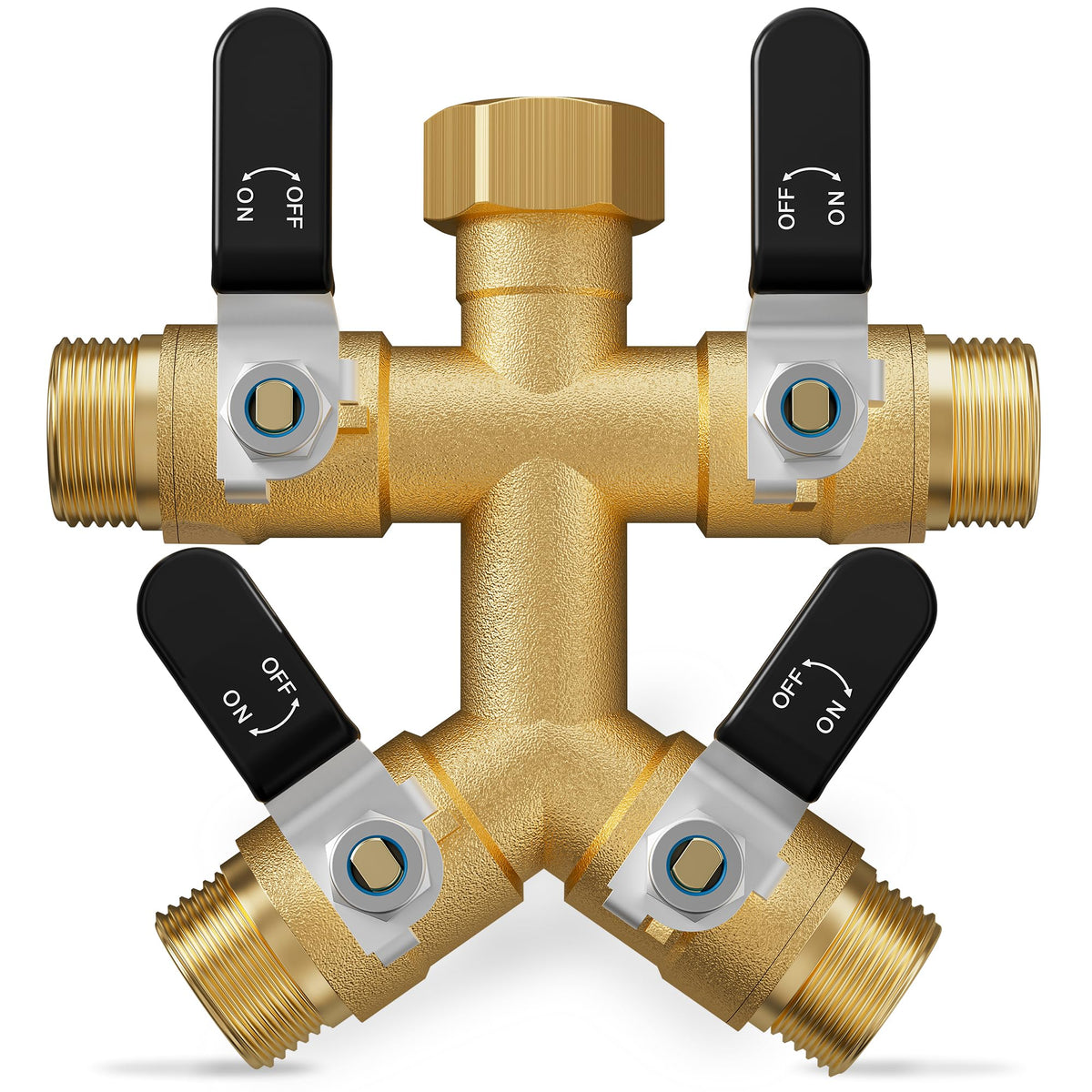 ZaakWang 4 Way Hose Splitter front view with brass finish