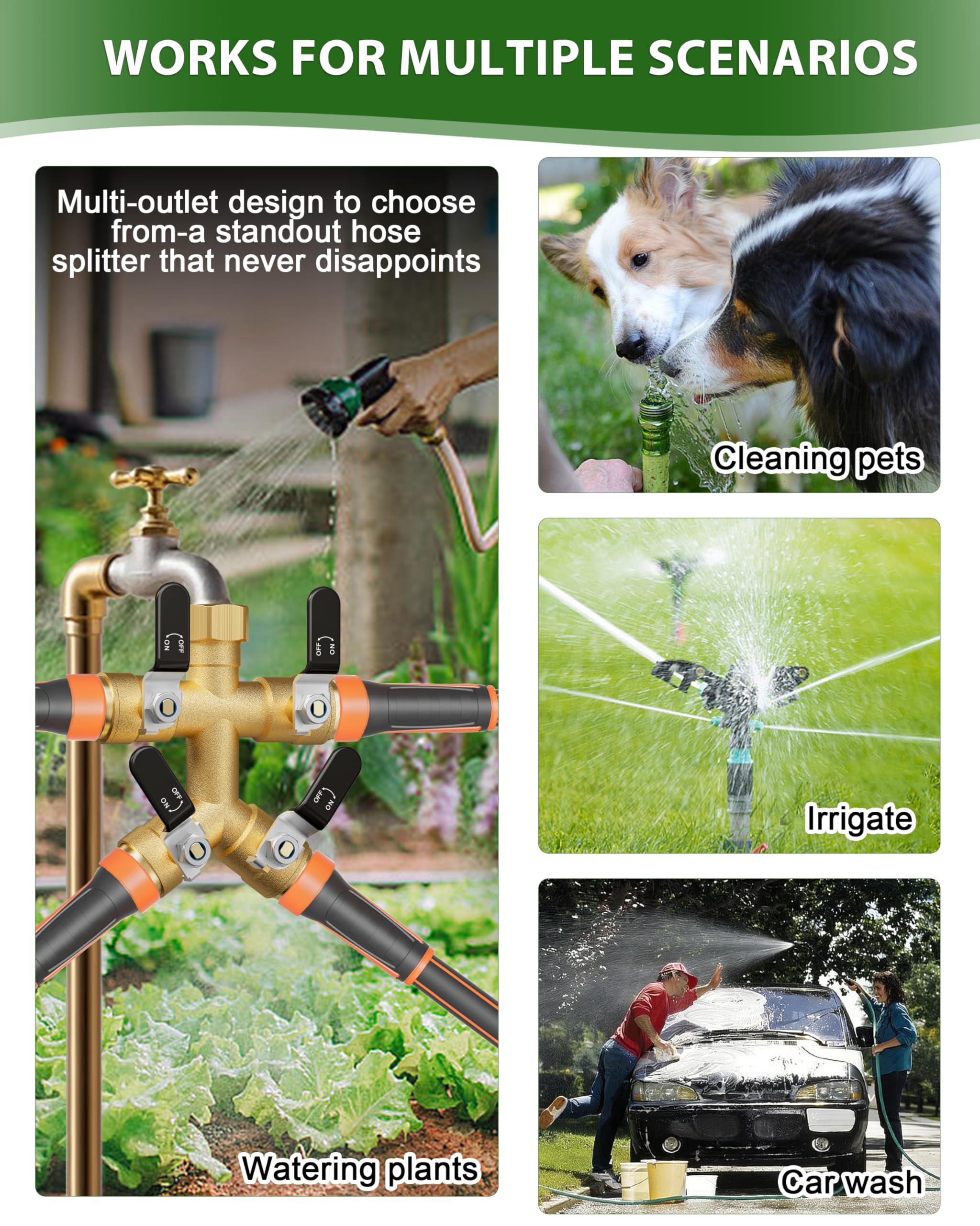 ZaakWang 4 Way Hose Splitter packaging showing features