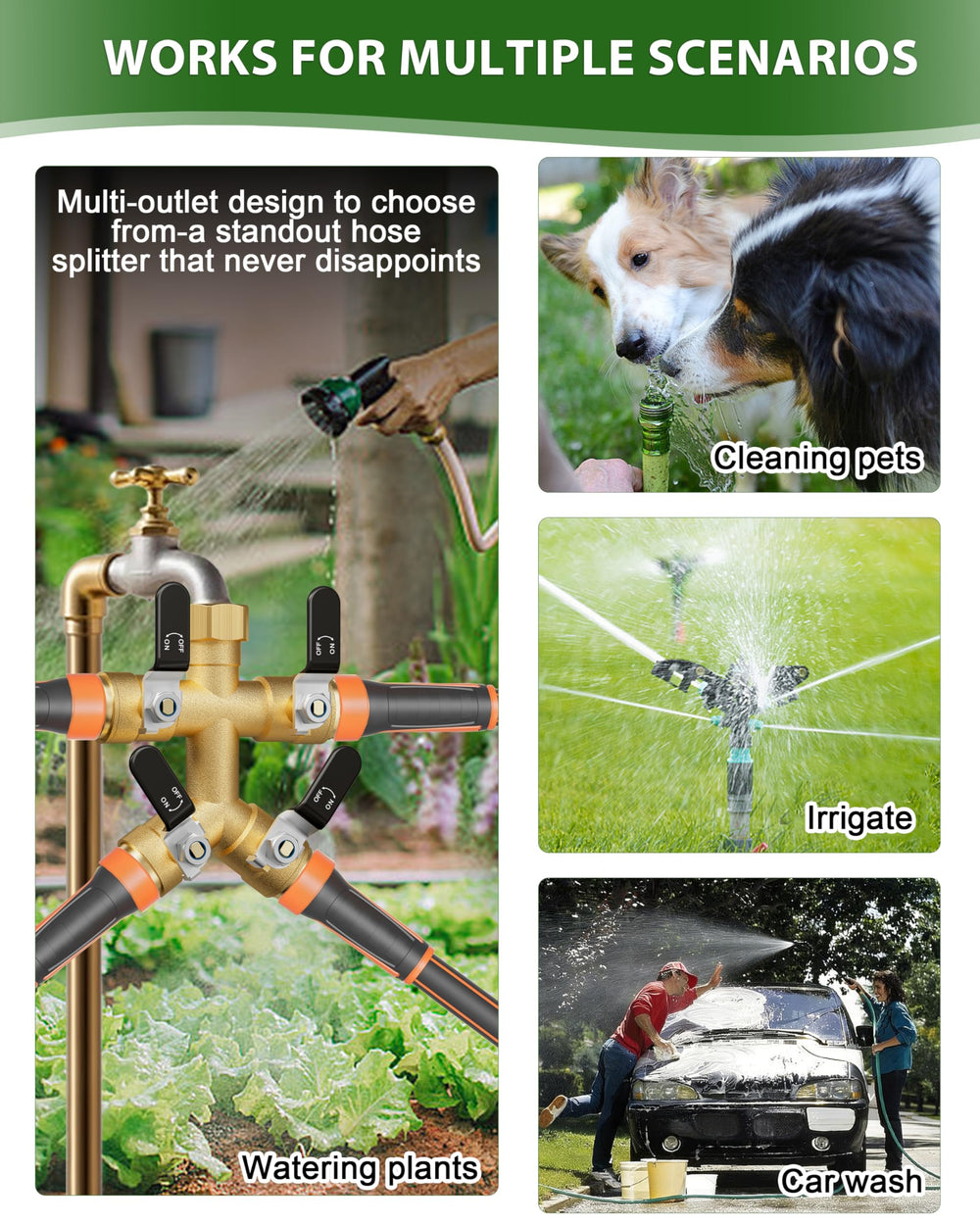 ZaakWang 4 Way Hose Splitter packaging showing features