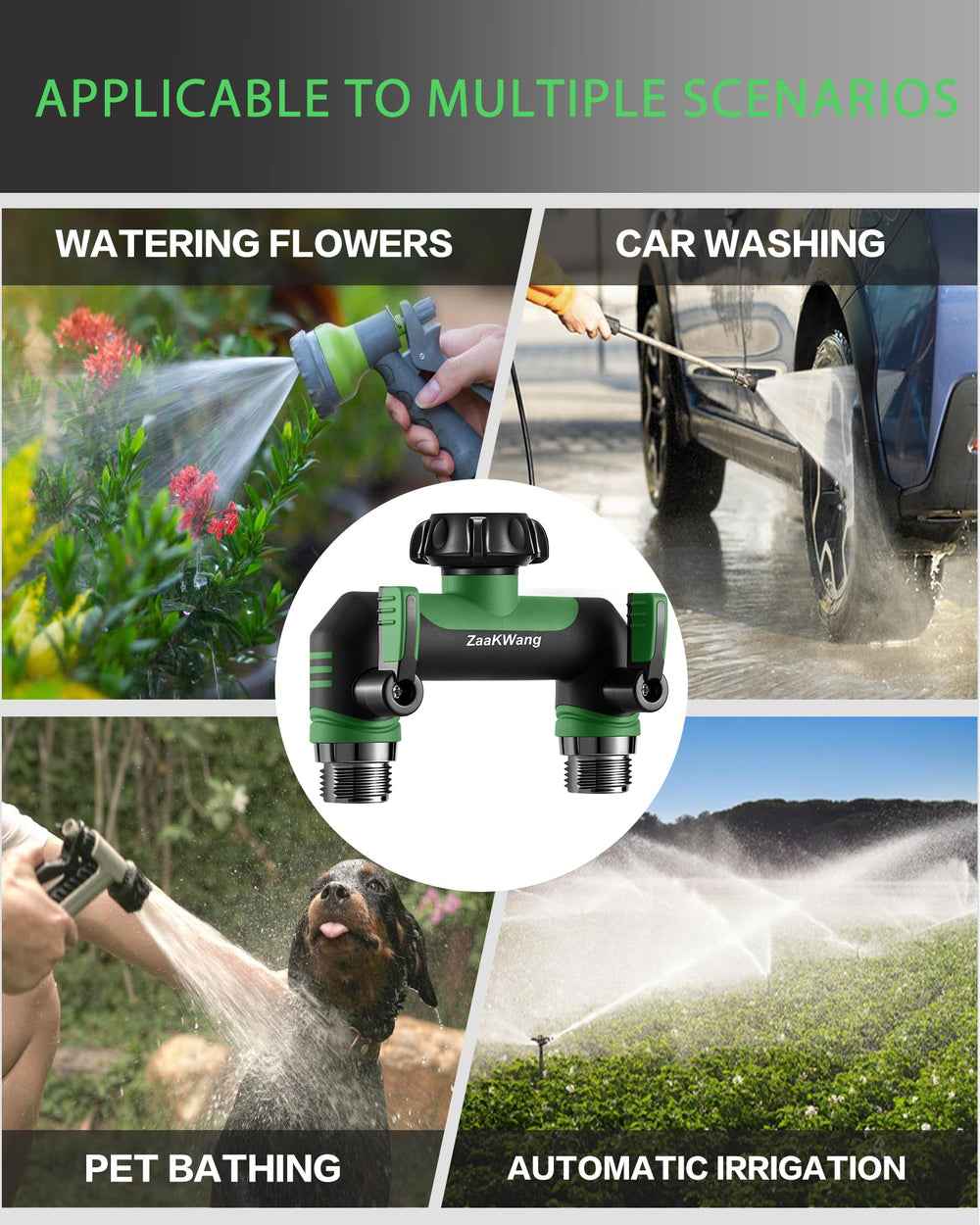 ZaakWang Garden Hose Splitter 2 Way showing ergonomic handle