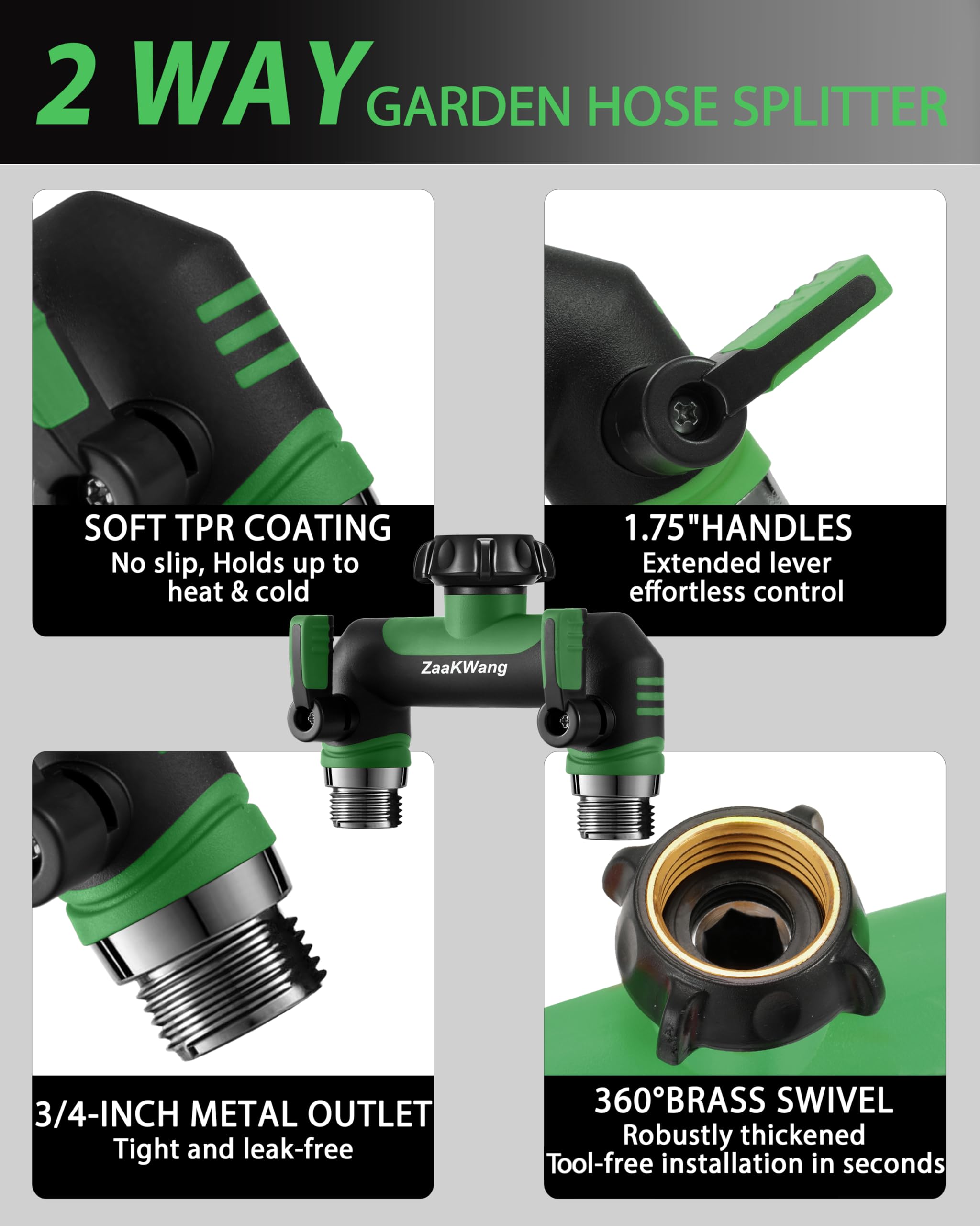 ZaakWang Garden Hose Splitter 2 Way showing metal water inlets