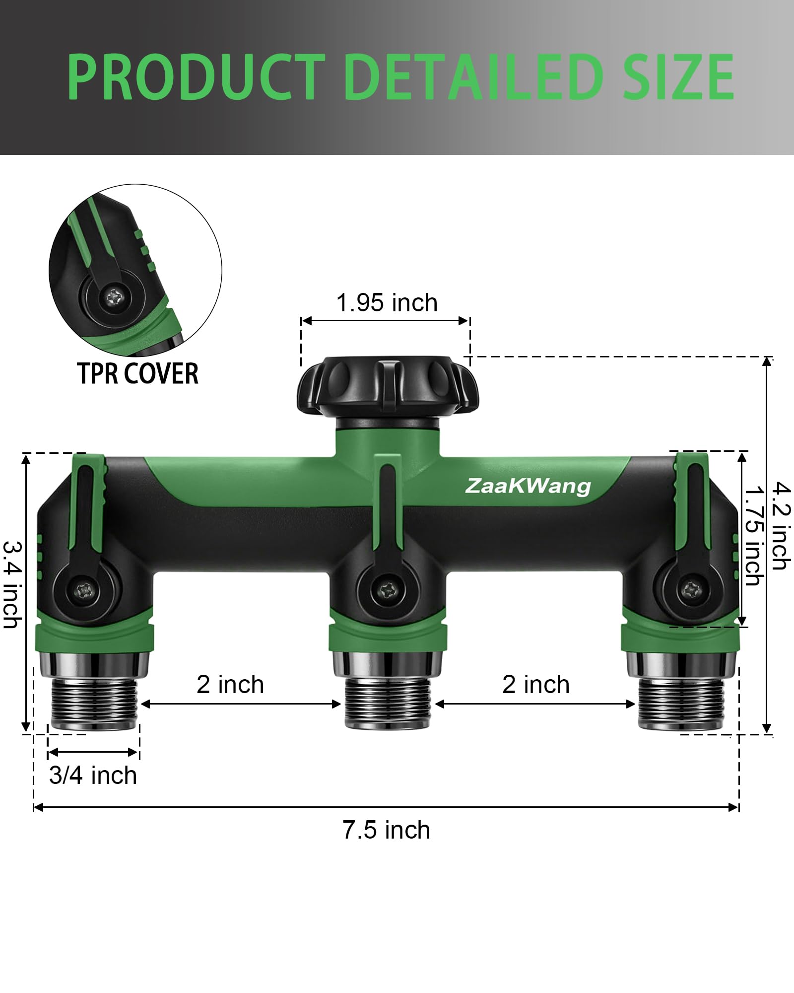ZaakWang Garden Hose Splitter 3 Way showing 360° rotating connector