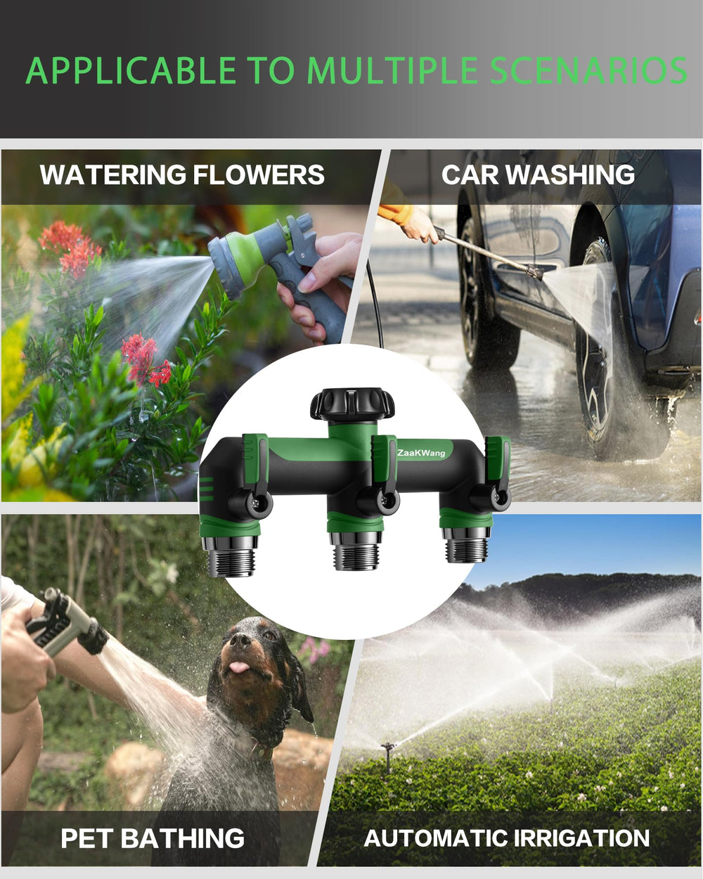 ZaakWang Garden Hose Splitter 3 Way showing waterproof tape and gasket