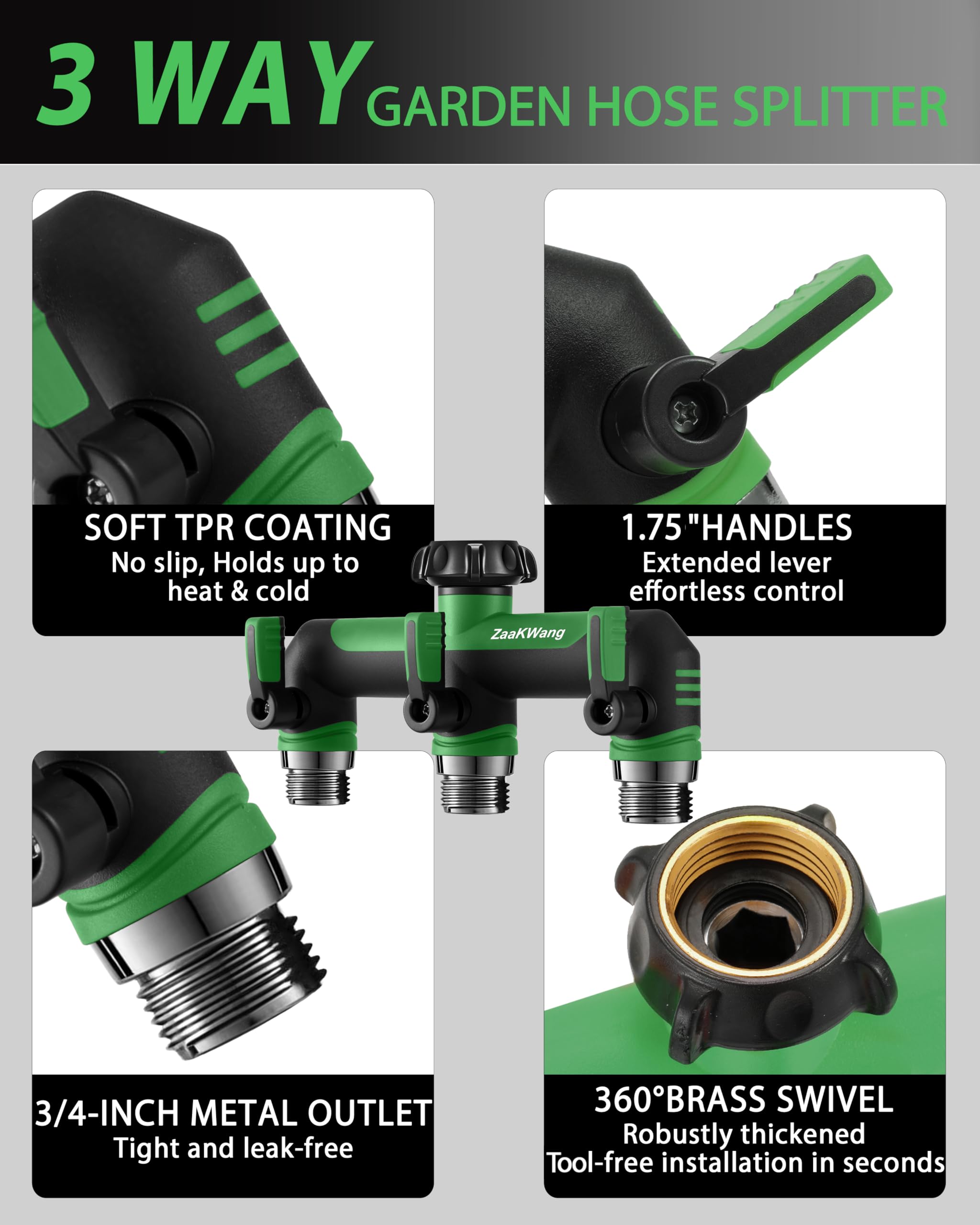 ZaakWang Garden Hose Splitter 3 Way with ergonomic handle