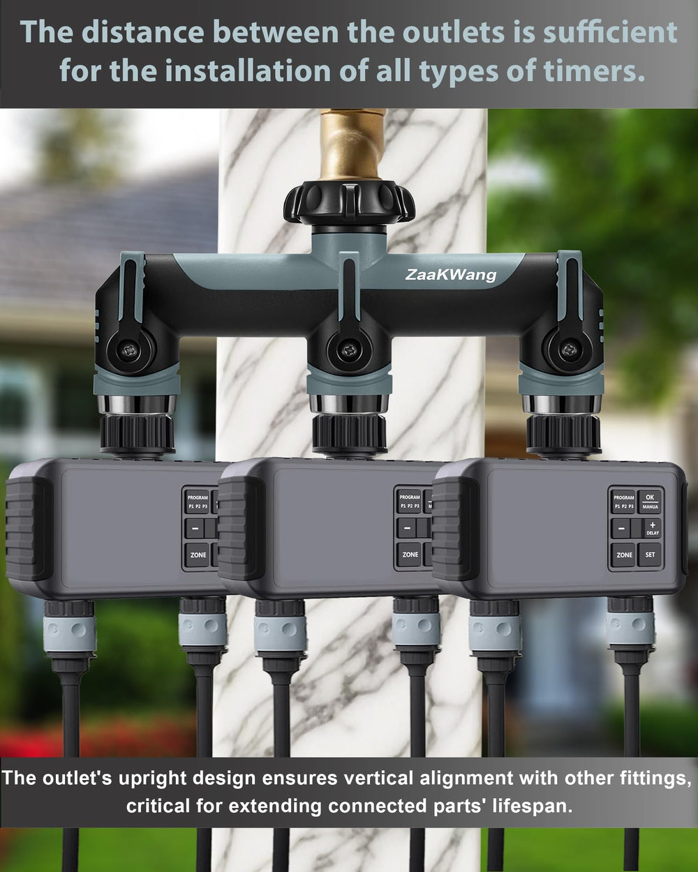 ZaakWang hose splitter installed on outdoor faucet