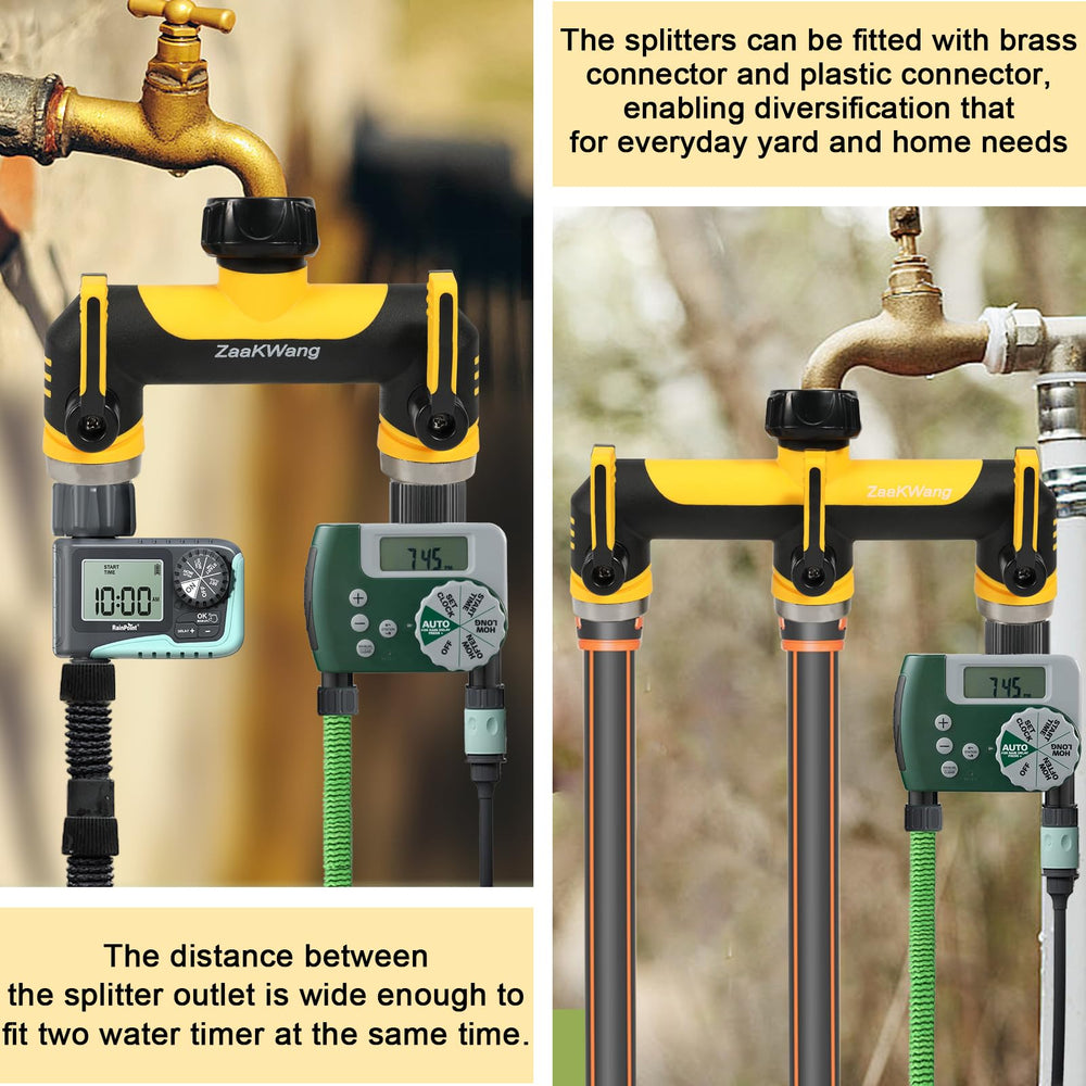 ZaakWang hose splitter with dimensions displayed next to garden tools