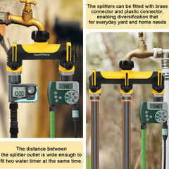 ZaakWang hose splitter with dimensions displayed next to garden tools