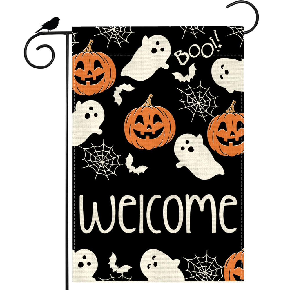 ZAEW Halloween Garden Flag front view with ghosts and pumpkins design