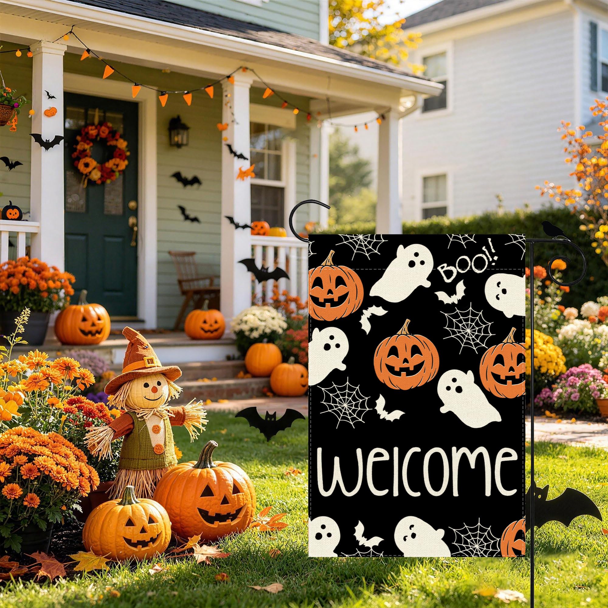ZAEW Halloween Garden Flag side view showing stitched sleeve