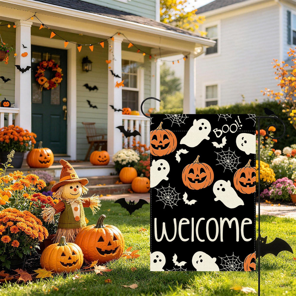 ZAEW Halloween Garden Flag side view showing stitched sleeve