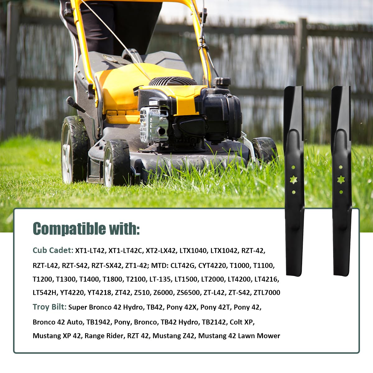 ZALANA 42" blades displayed on a lawn mower