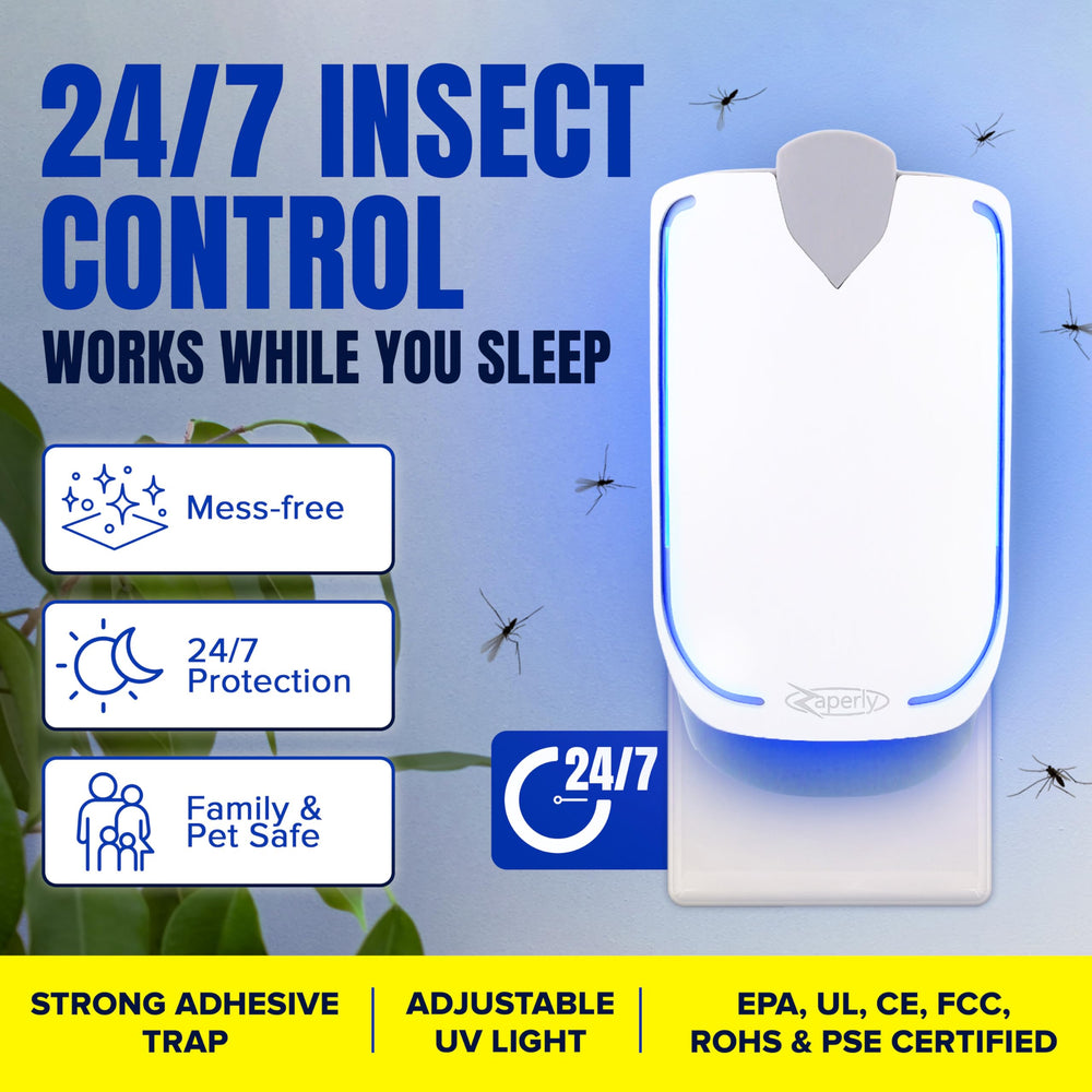 Zaperly Fruit Fly Trap displayed on table with adhesive cartridge visible