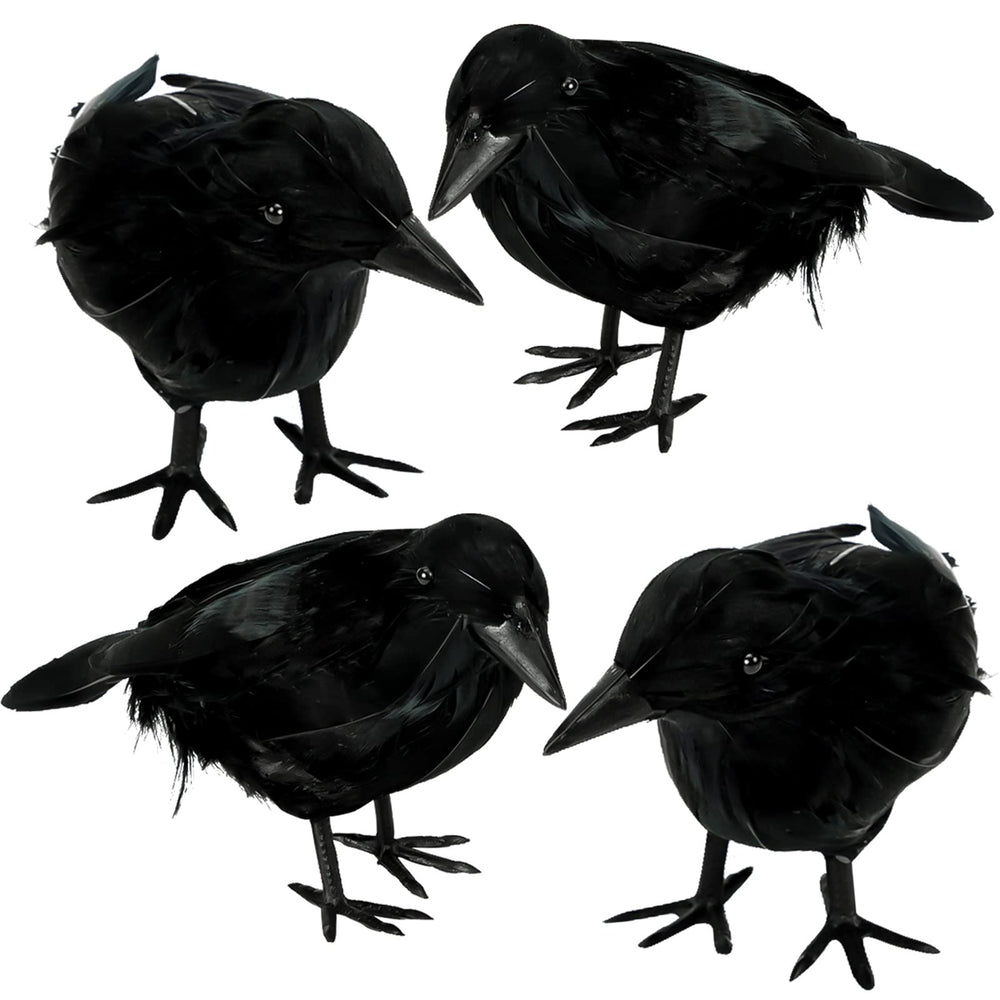 ZAUGONTW 4 Pack Halloween Black Crows front view with realistic feathers