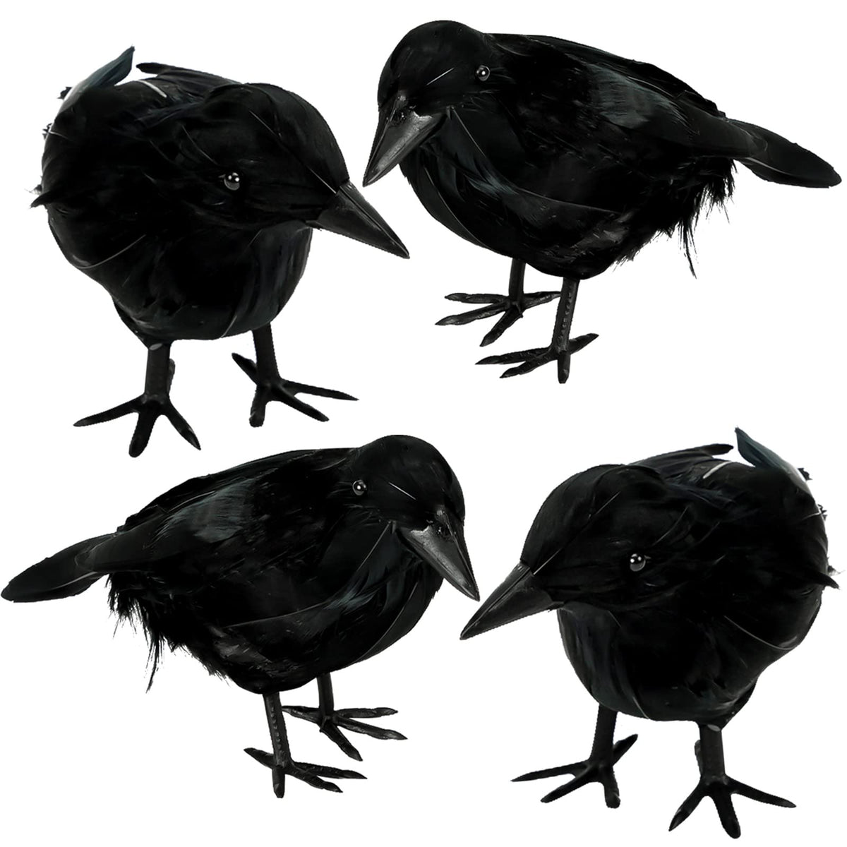 ZAUGONTW 4 Pack Halloween Black Crows front view with realistic feathers