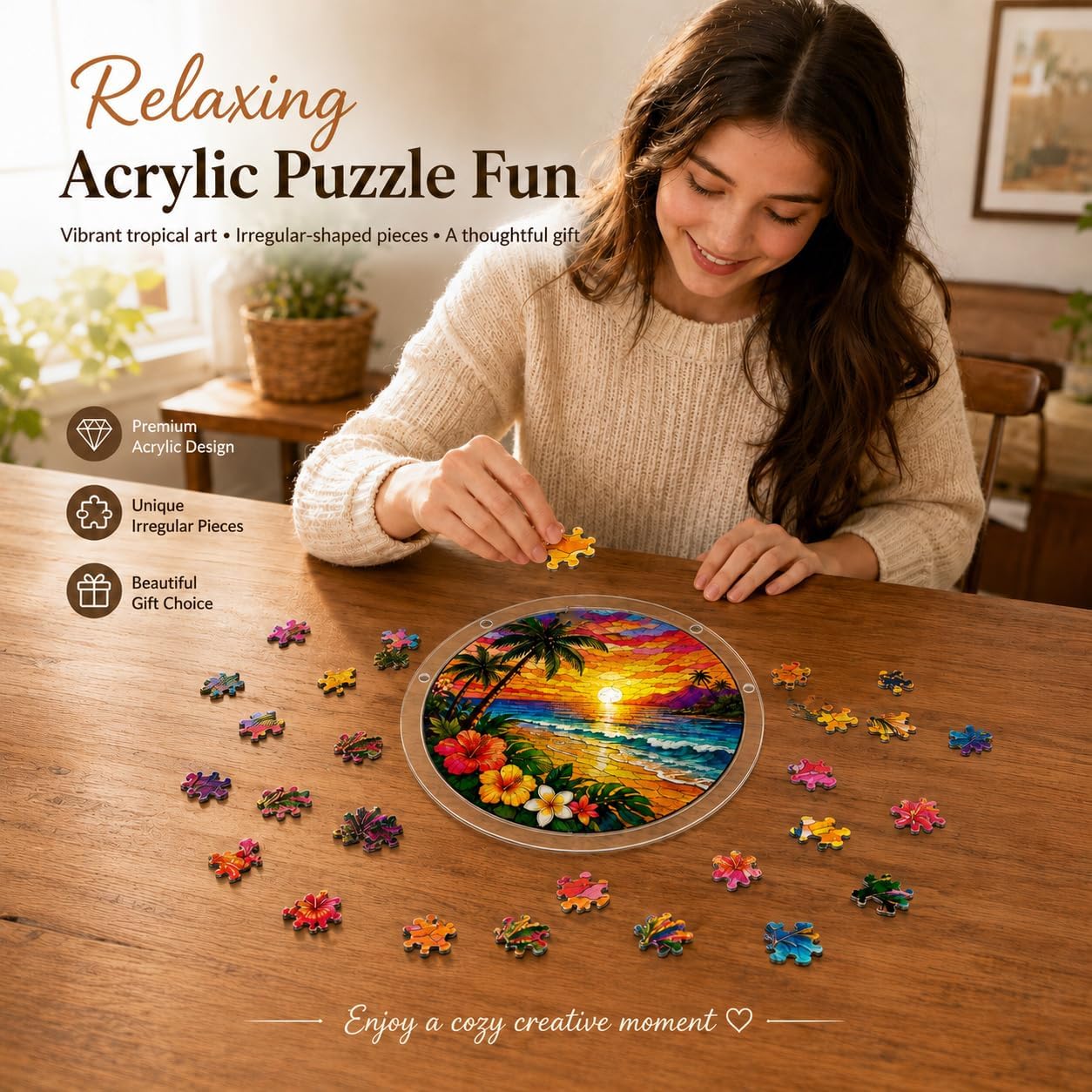 ZAVENIXA Acrylic Jigsaw Puzzle Suncatcher with palm trees and ocean
