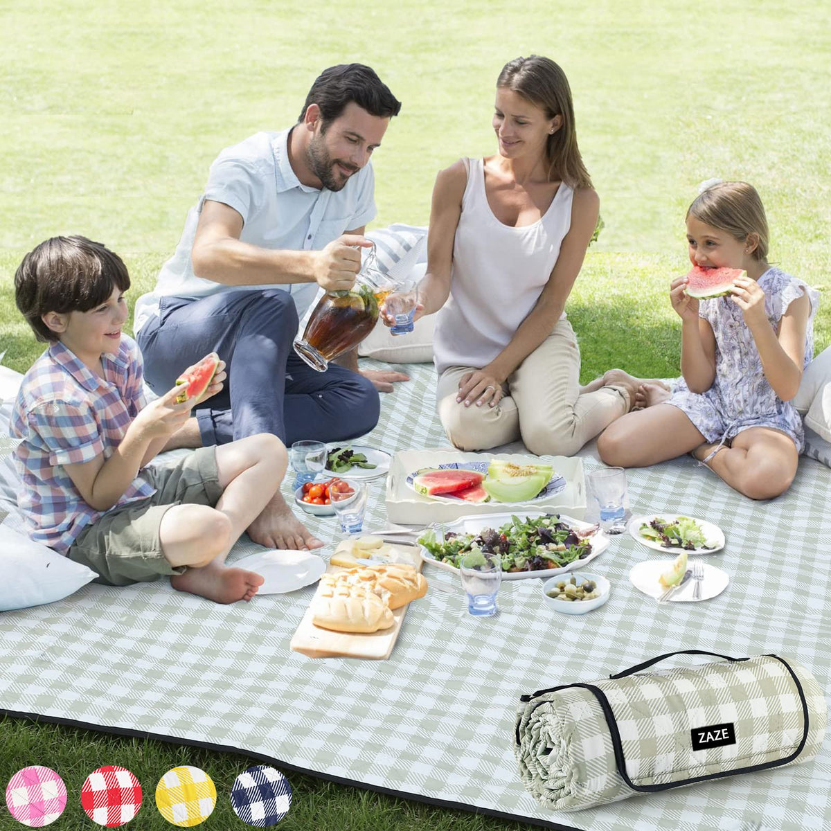ZAZE Extra Large Picnic Blanket 80''x80'' in green and white