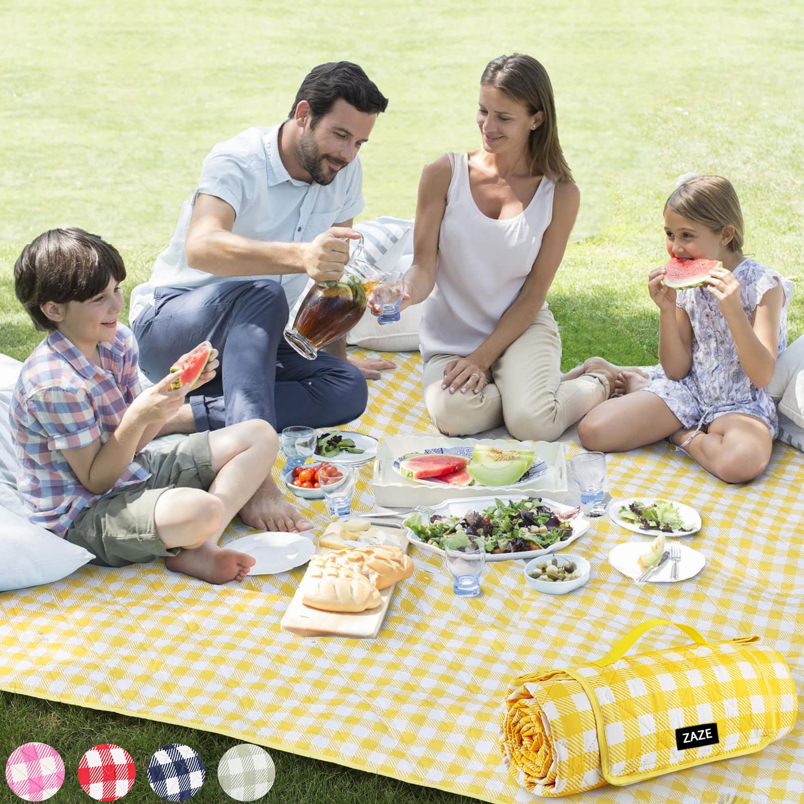 ZAZE Extra Large Picnic Blanket in yellow and white, front view