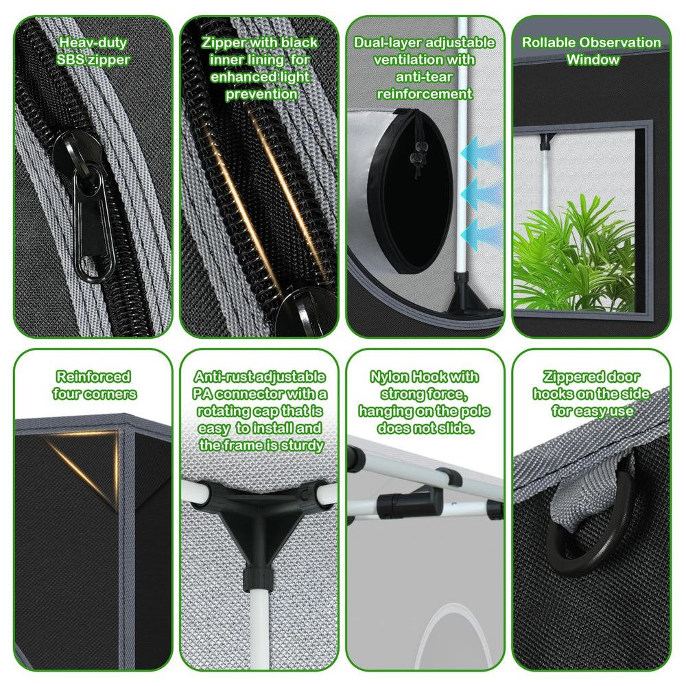 zazzy grow tent with multiple vents and adjustable connectors