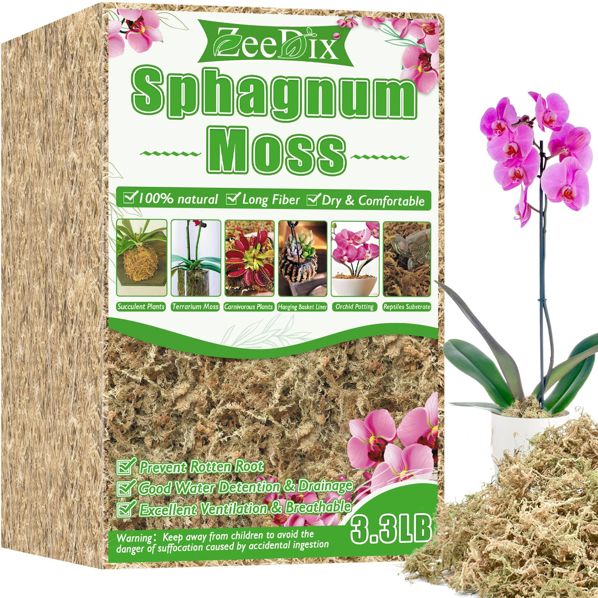 ZeeDix 3.3 lb Sphagnum Moss compressed brick front view