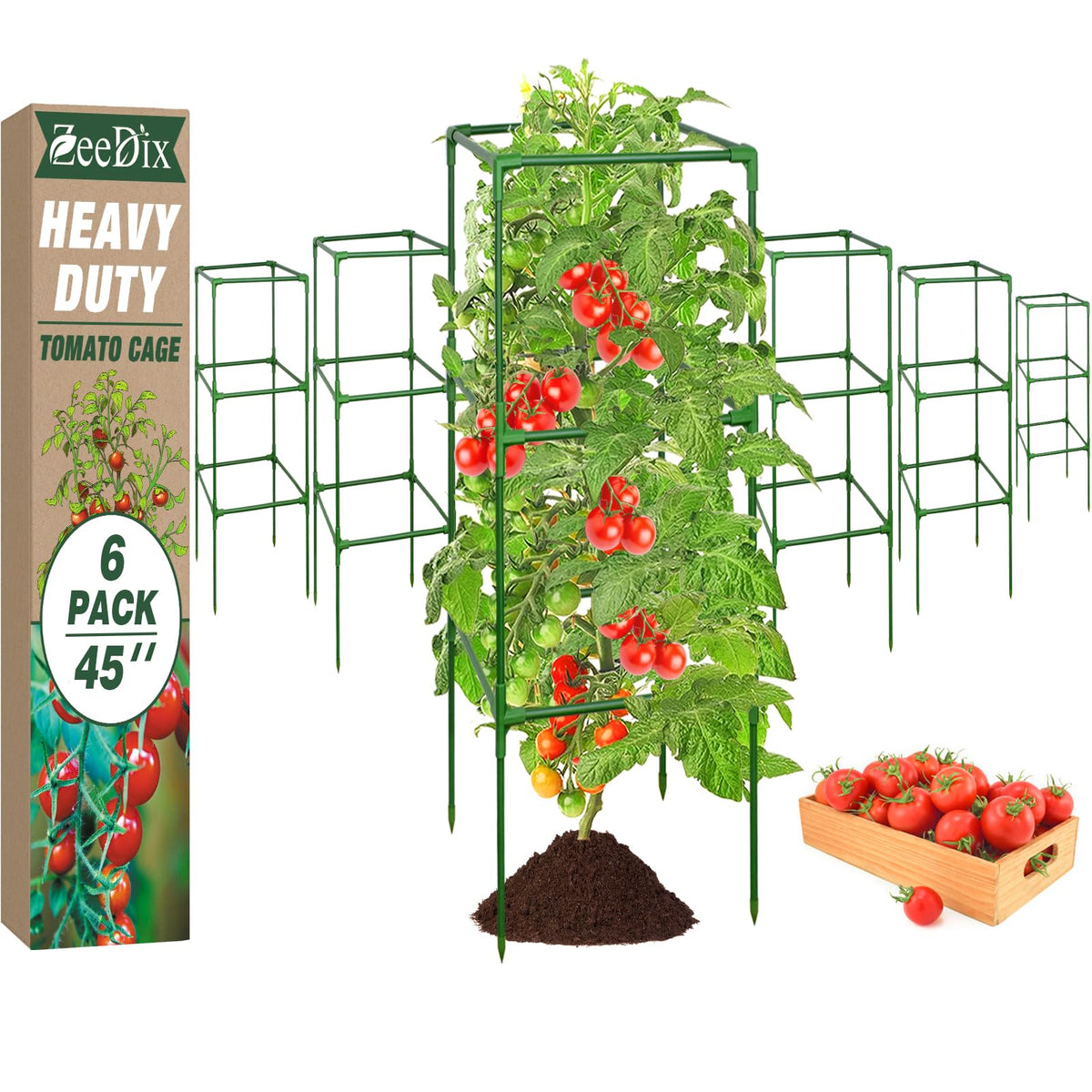 ZeeDix 6 Pack Square Tomato Cages 45 inch green model front view