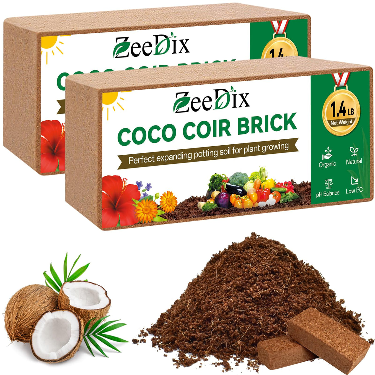 ZeeDix Coco Coir Brick front view, natural coconut material