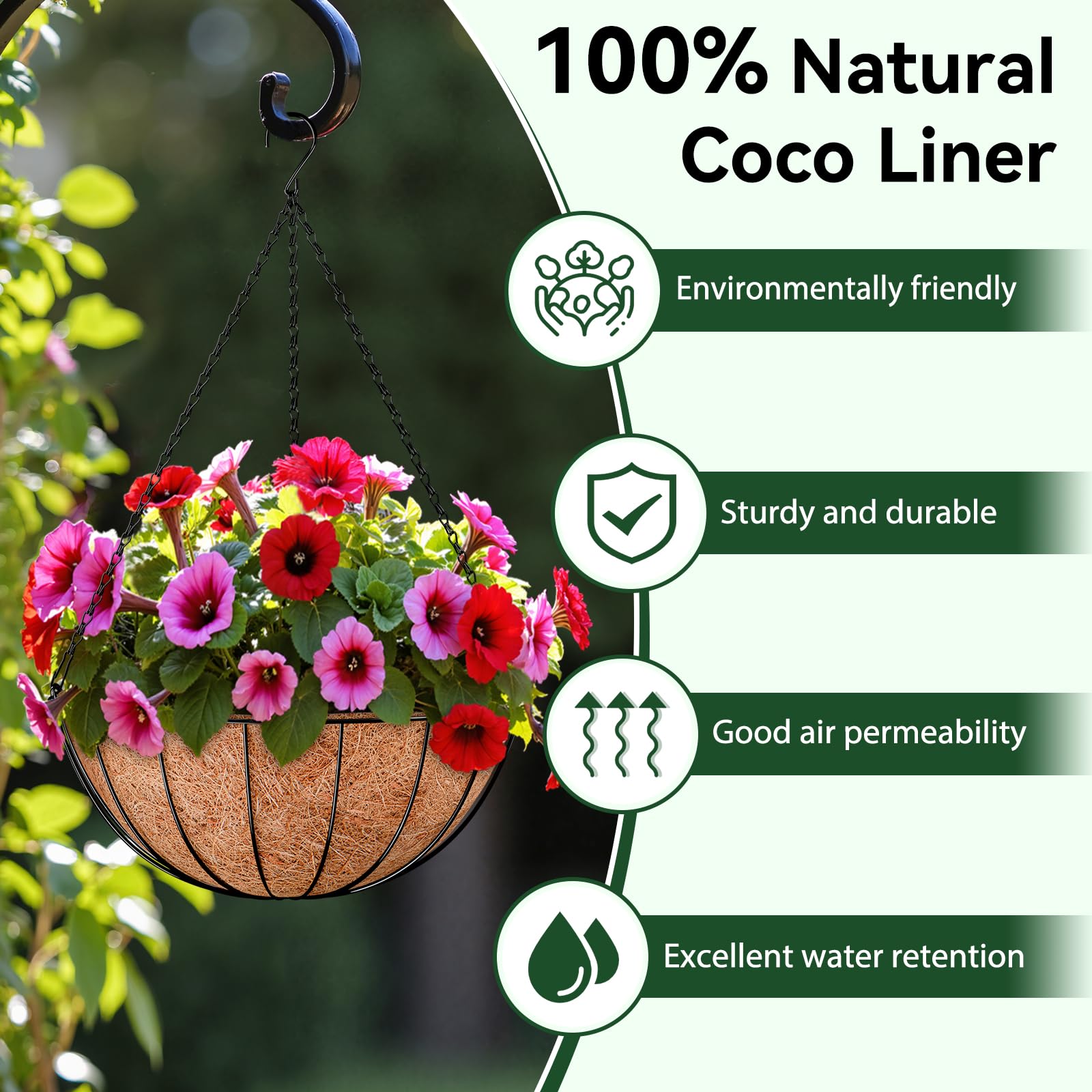 ZeeDix coco liner in a hanging basket with flowers