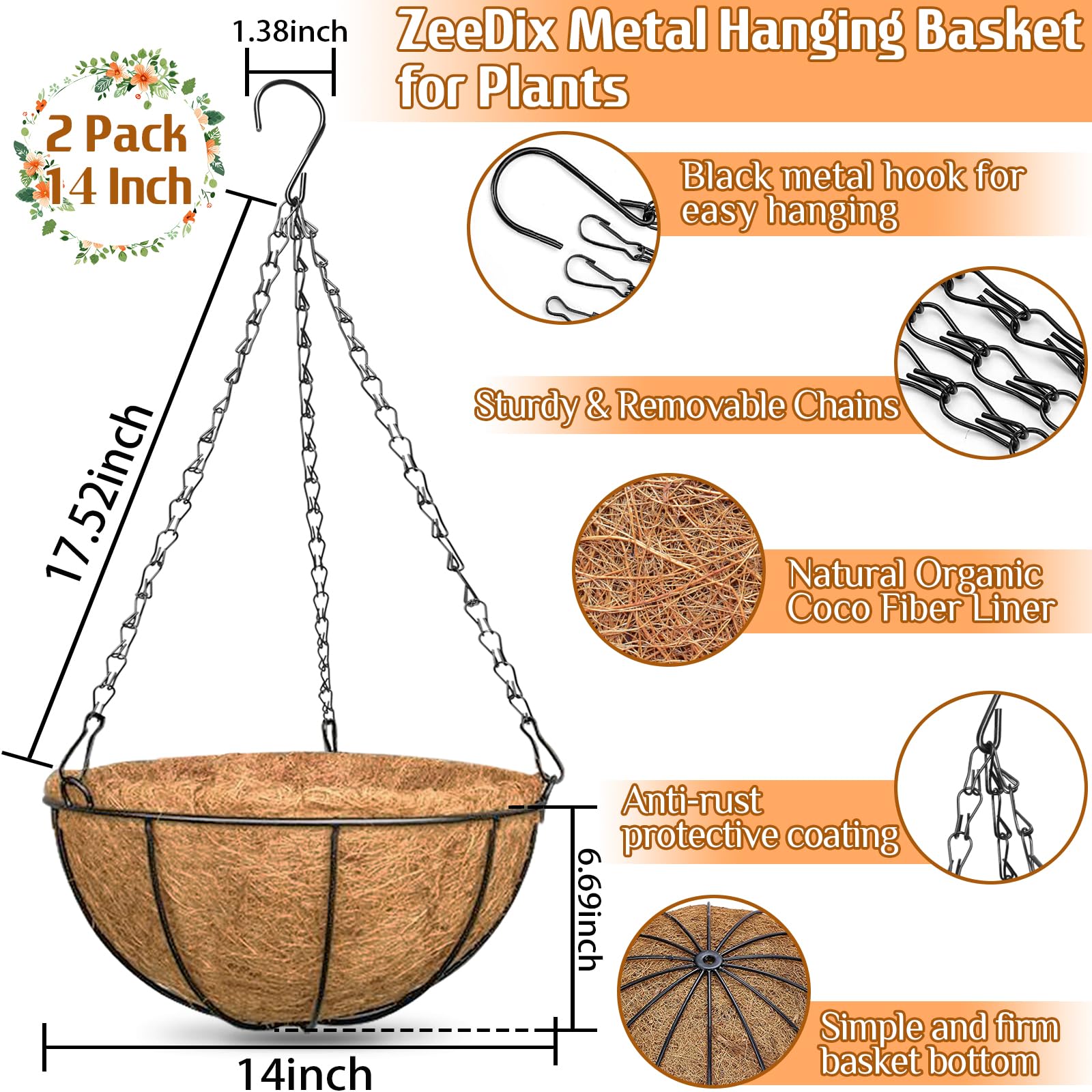 ZeeDix hanging basket metal frame and chain close-up