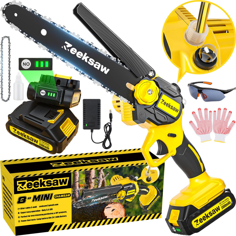 Zeeksaw Mini Chainsaw Cordless 8 inch front view with automatic oiler