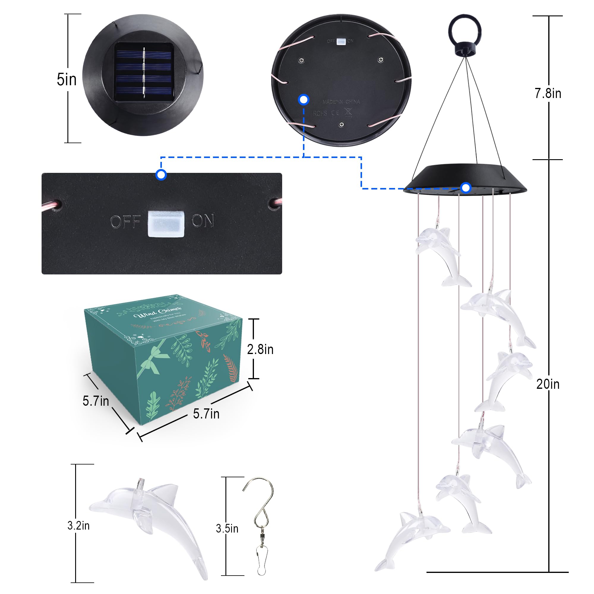Zeiliuled Solar Dolphin Wind Chimes hanging in garden