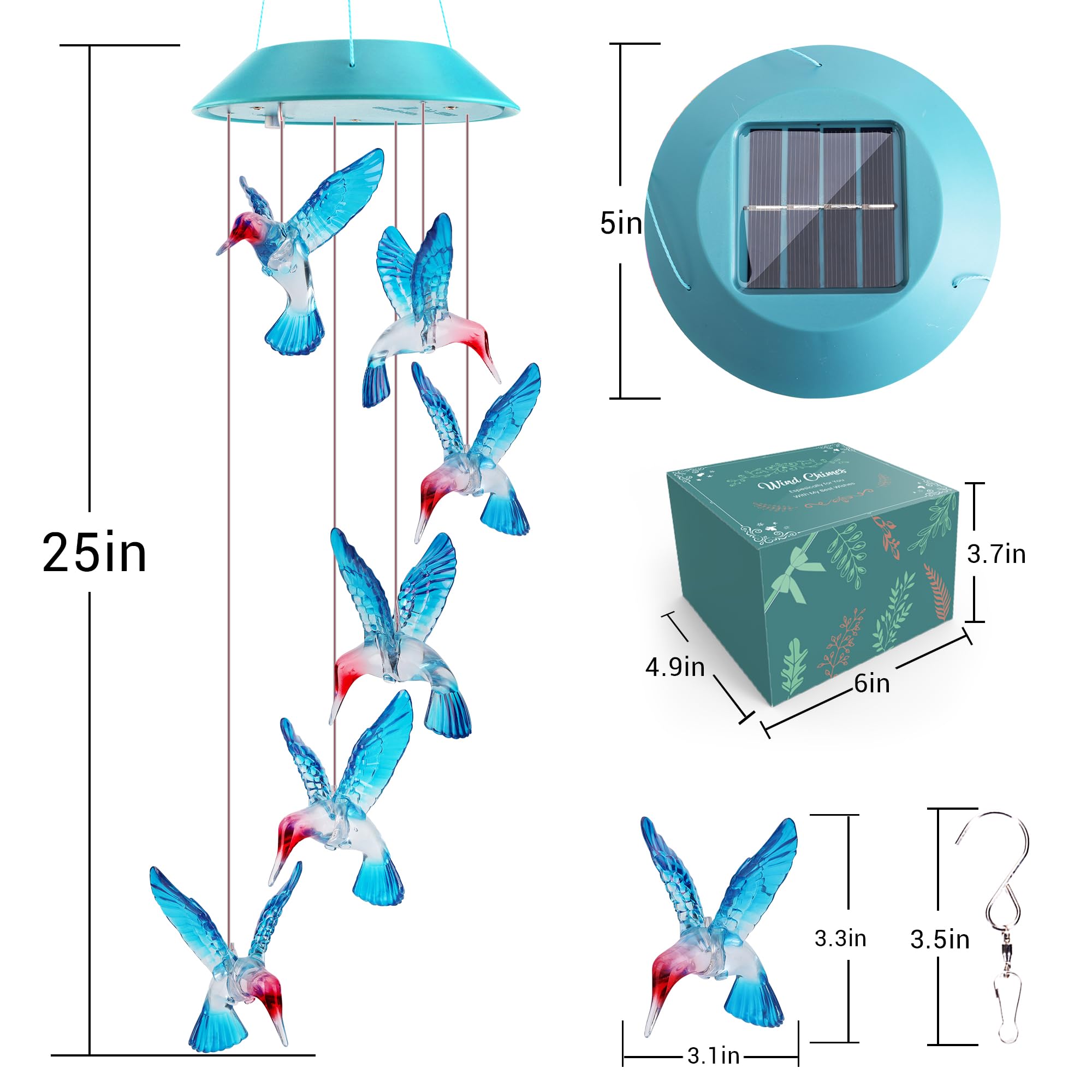 Zeiliuled Solar Hummingbird Wind Chimes close-up view of solar panel