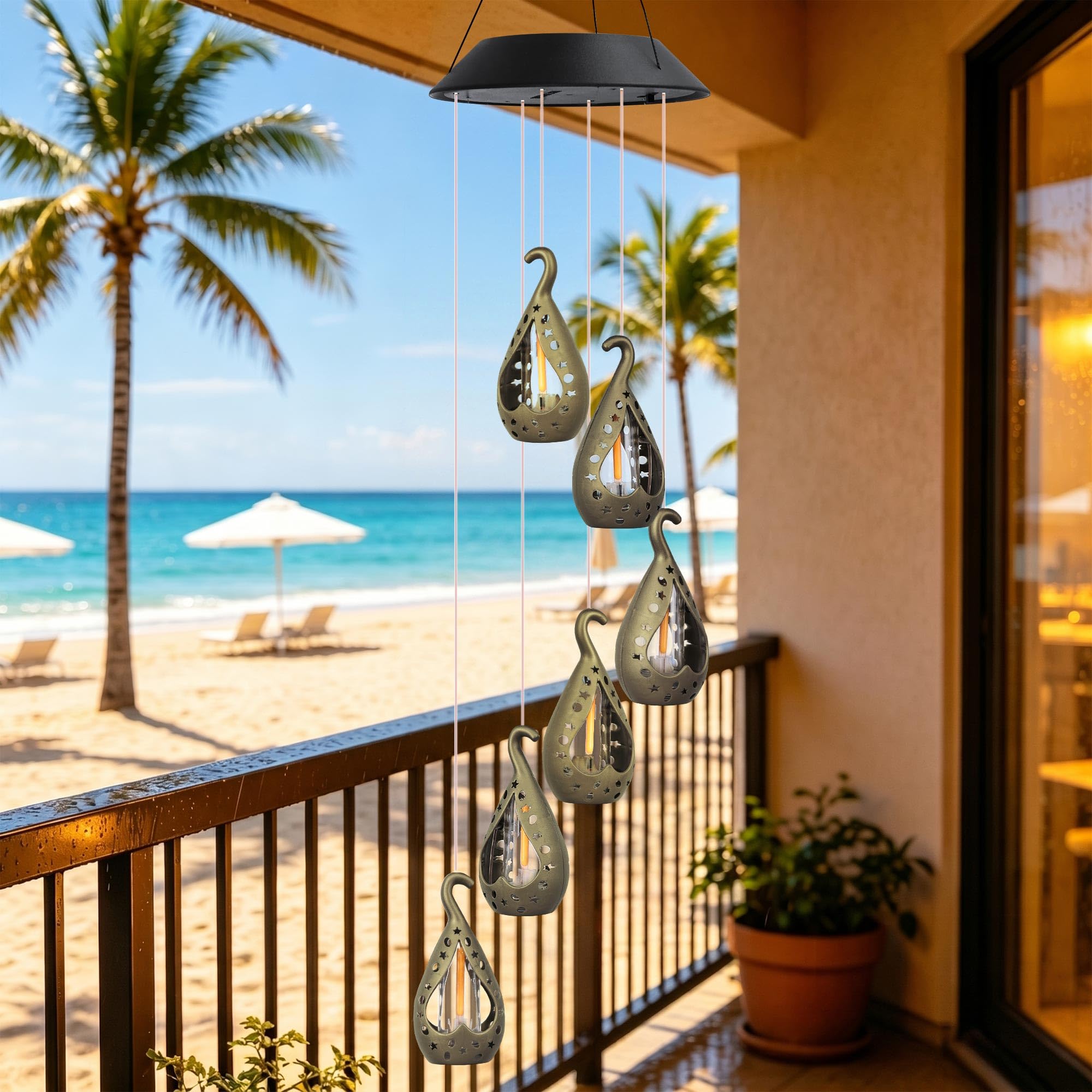 Zeiliuled Solar Wind Chime at night with warm glow