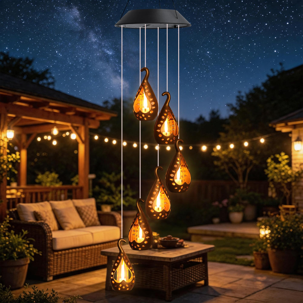 Zeiliuled Solar Wind Chime front view with flickering flame effect
