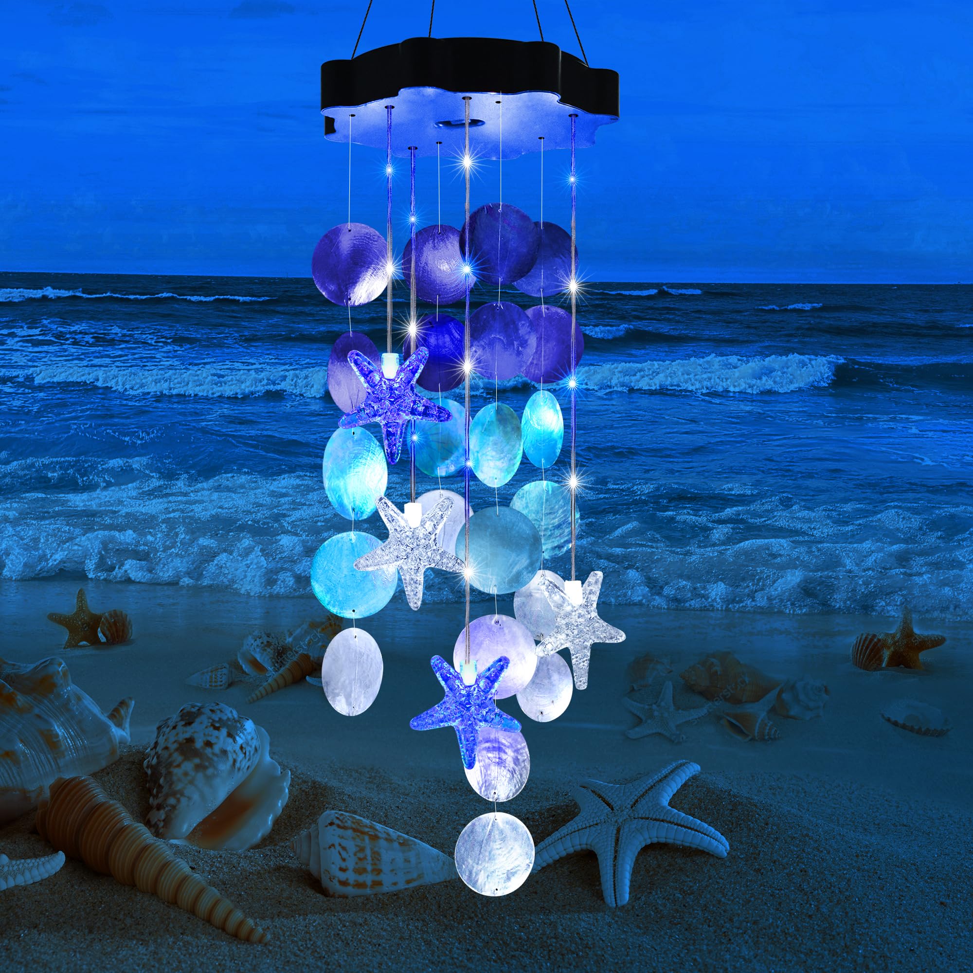 Zeiliuled Solar Wind Chimes front view with white and blue seashells
