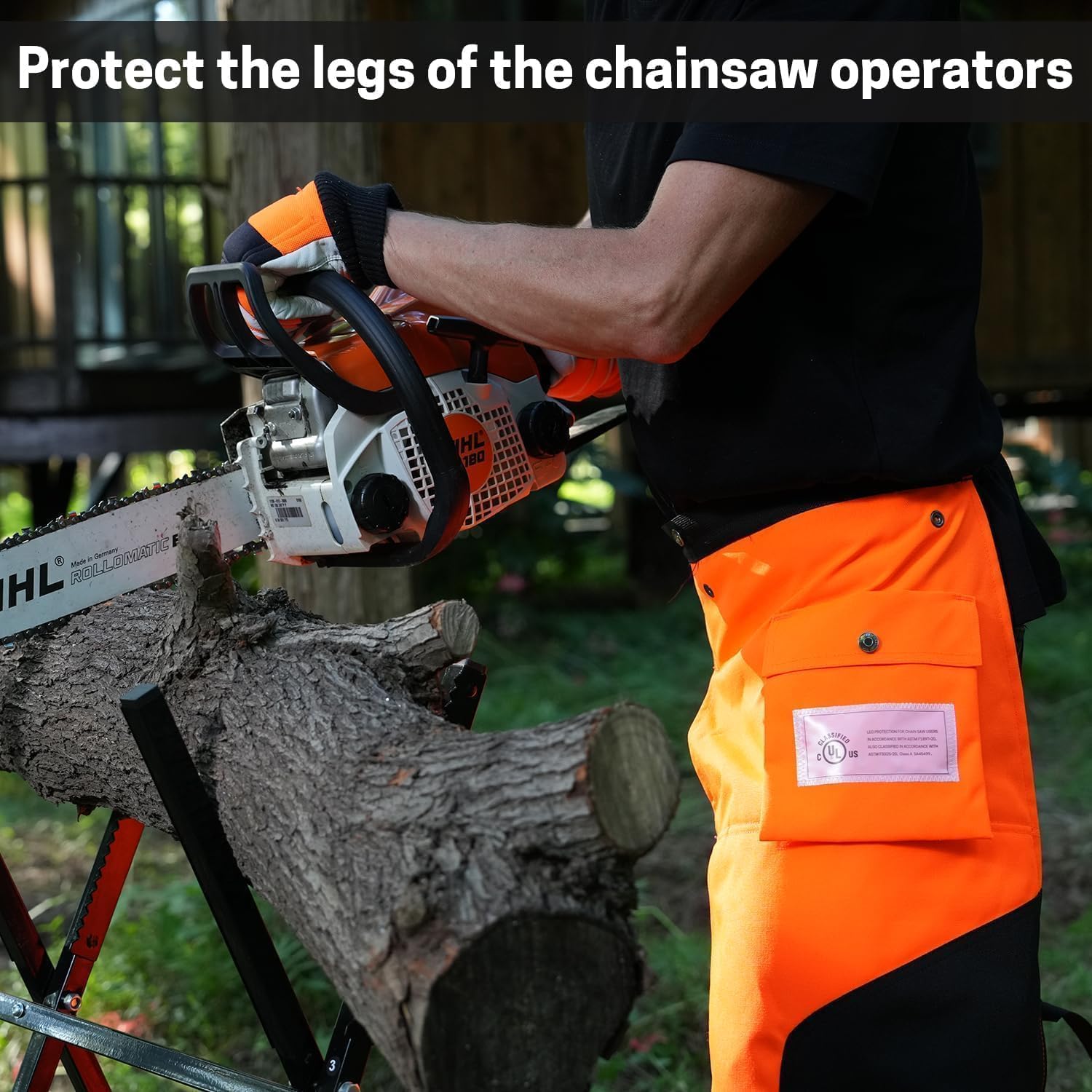 ZELARMAN Chainsaw Chaps laid flat showing dimensions and fabric details