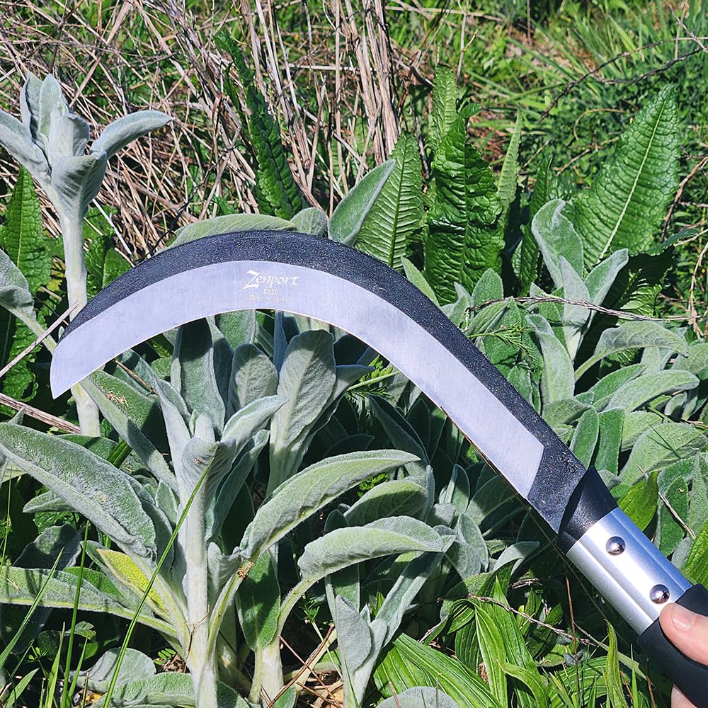 Zenport K310 Brush Clearing Sickle displayed with garden tools