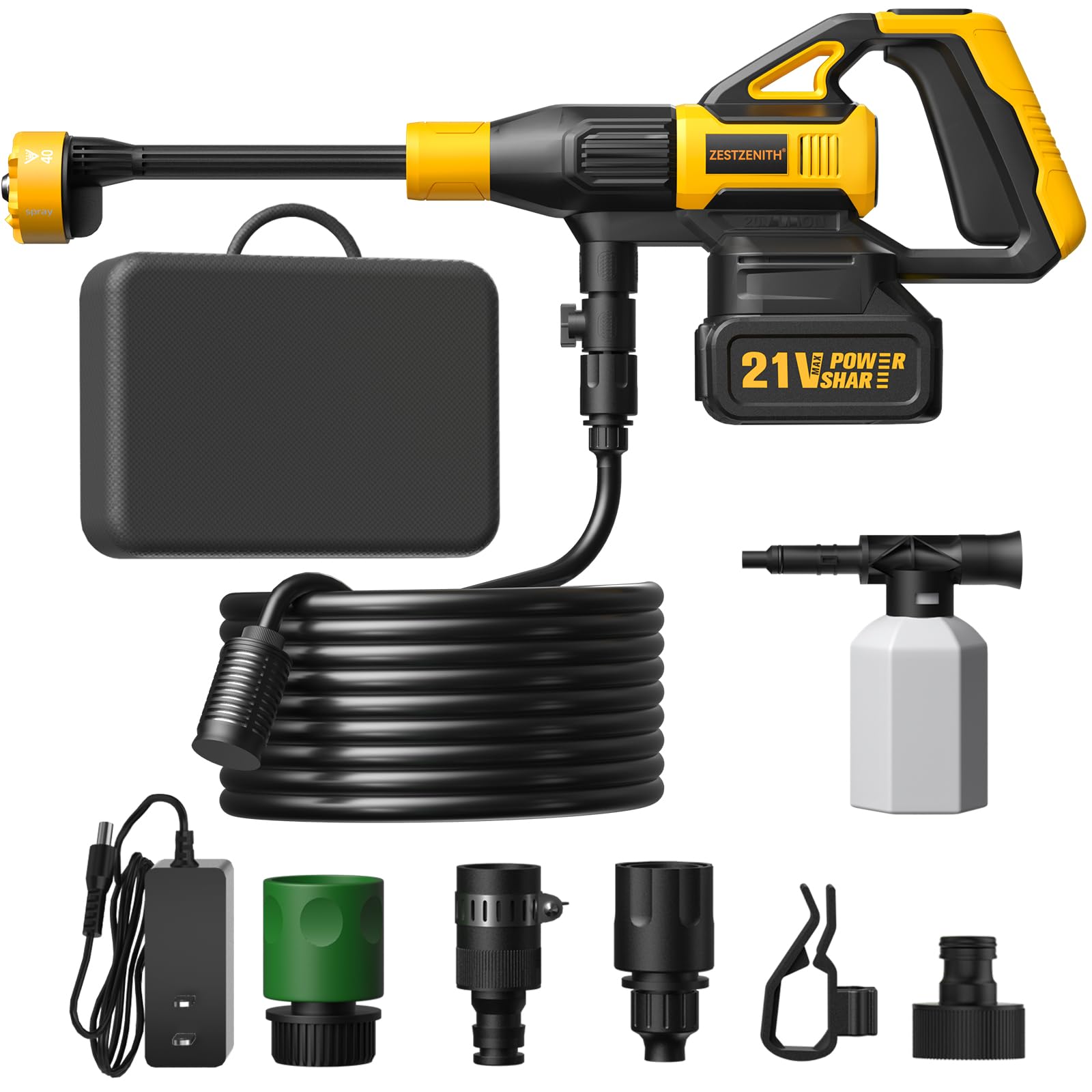 ZestZenith Cordless Pressure Washer front view with hose