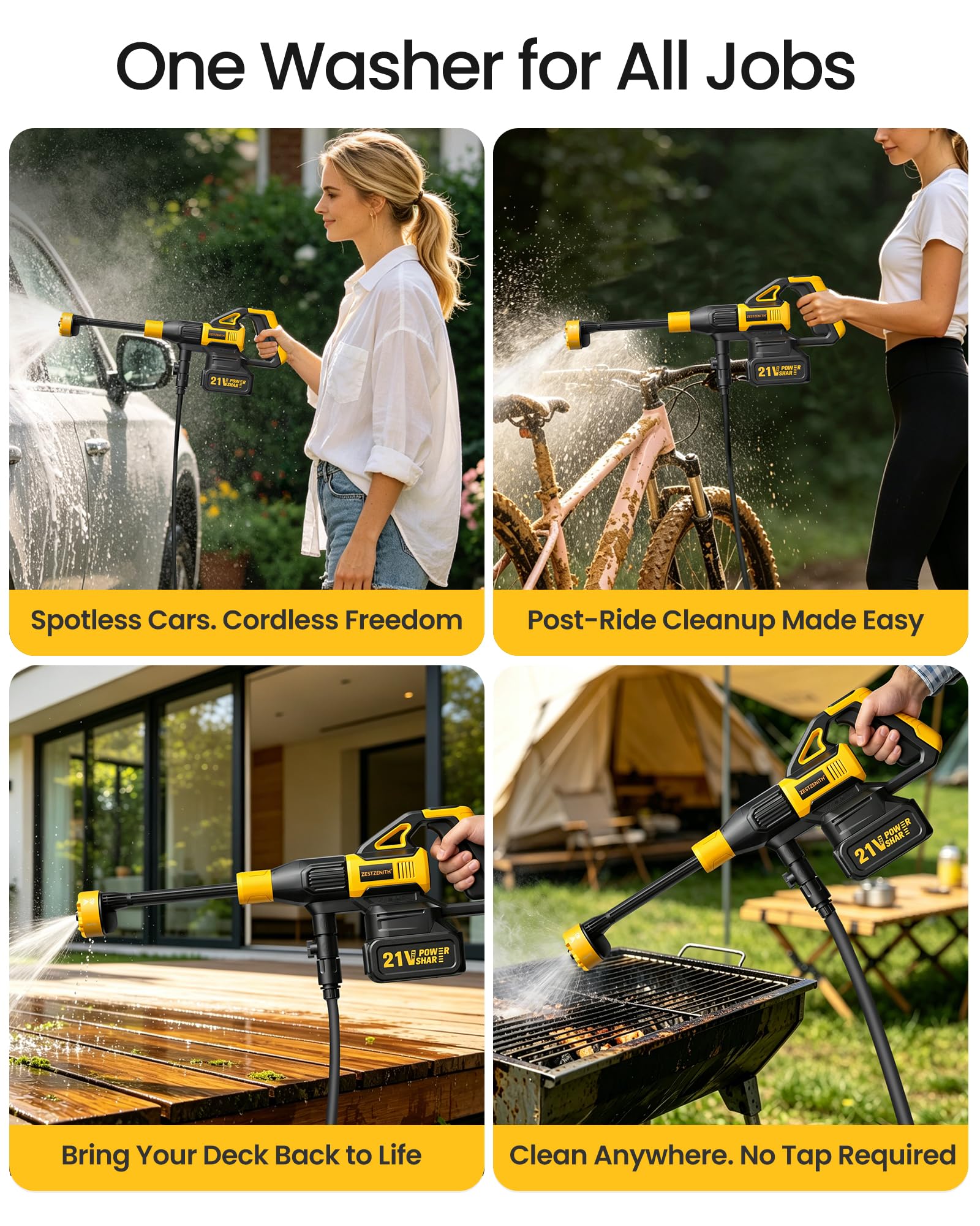 ZestZenith Cordless Pressure Washer with close-up of the 6-in-1 nozzle