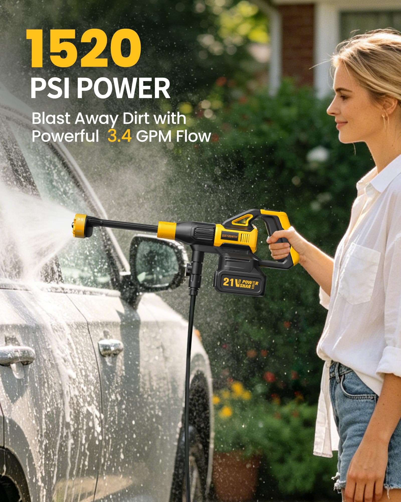 ZestZenith Cordless Pressure Washer with foam pot and 6-in-1 nozzle