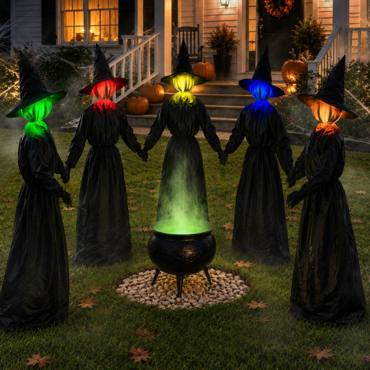 Zesua 5 Pack Light Up Witches standing in a circle outdoors