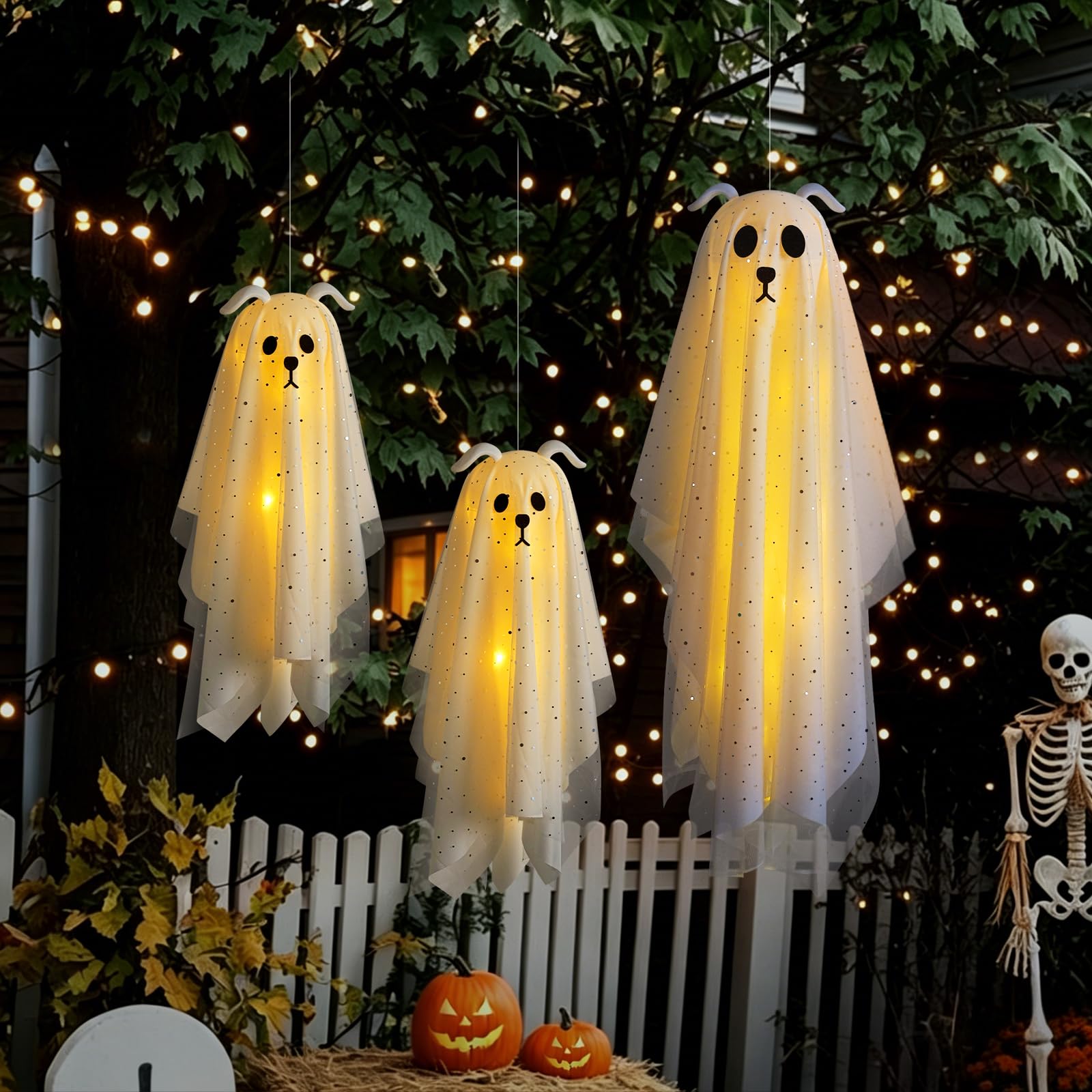 Zesua Halloween ghost decorations hanging from a tree