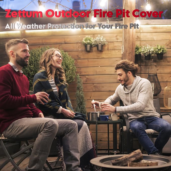 Zettum fire pit cover packaging, showing brand and features