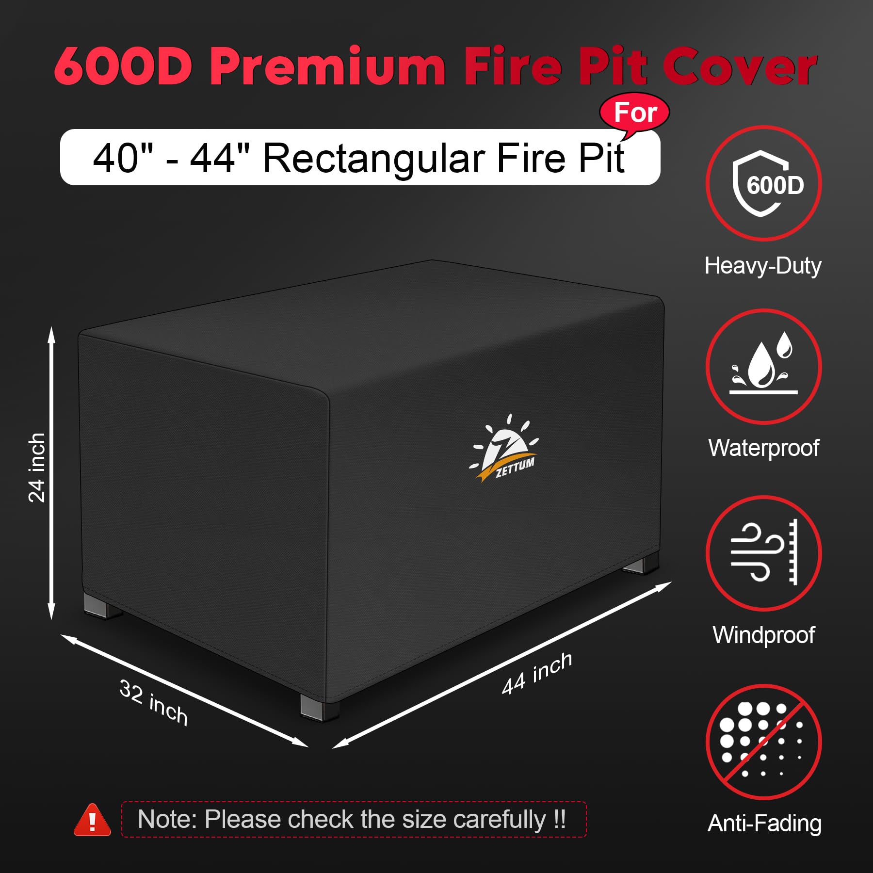 Zettum Fire Pit Cover showing side view with dimensions