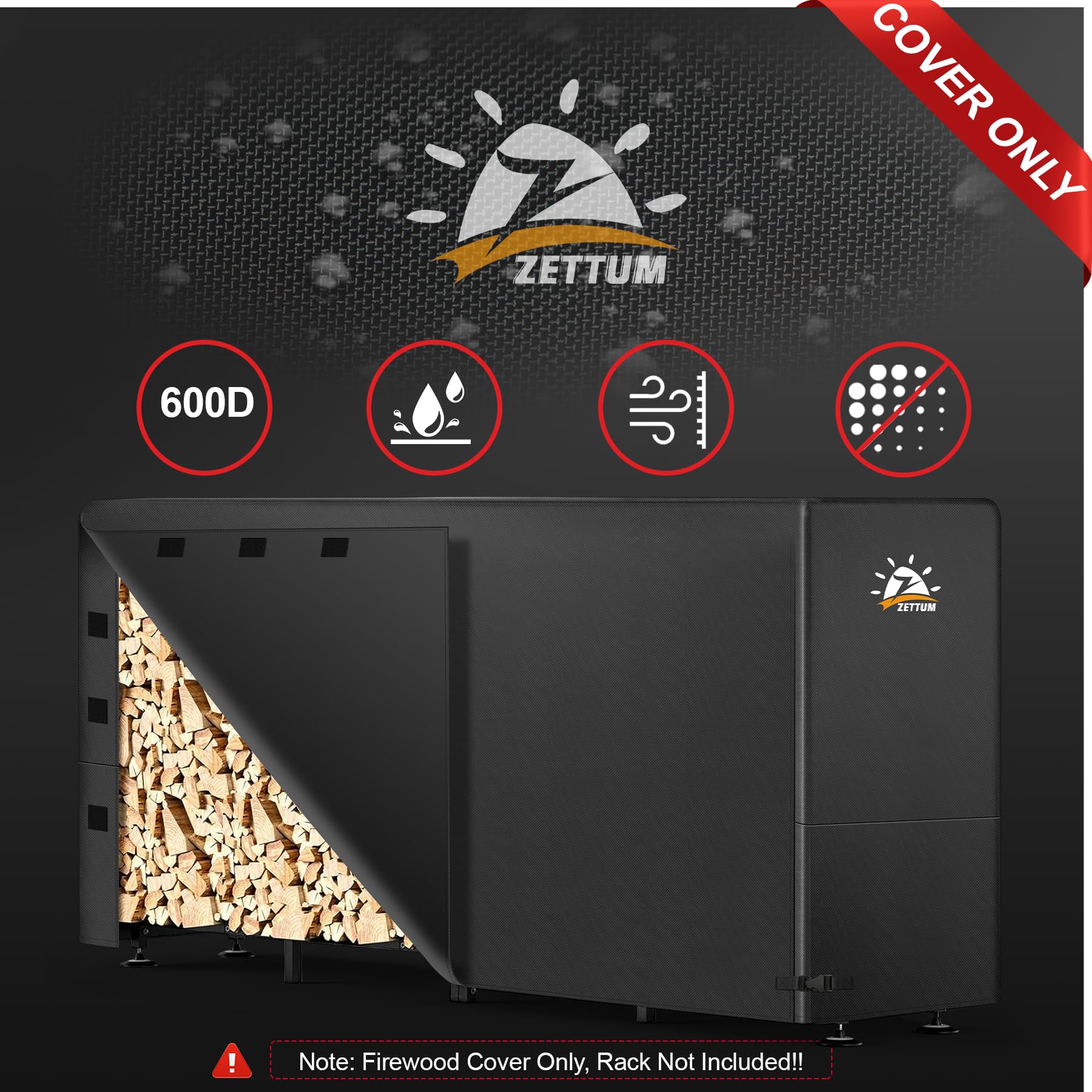 Zettum Firewood Rack Cover side view, showcasing durable material