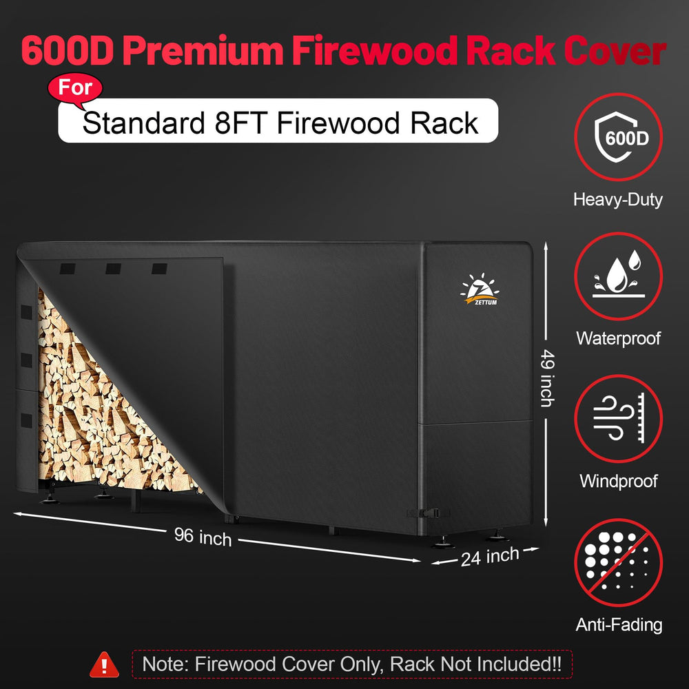 Zettum Firewood Rack Cover with buckles, demonstrating secure fit