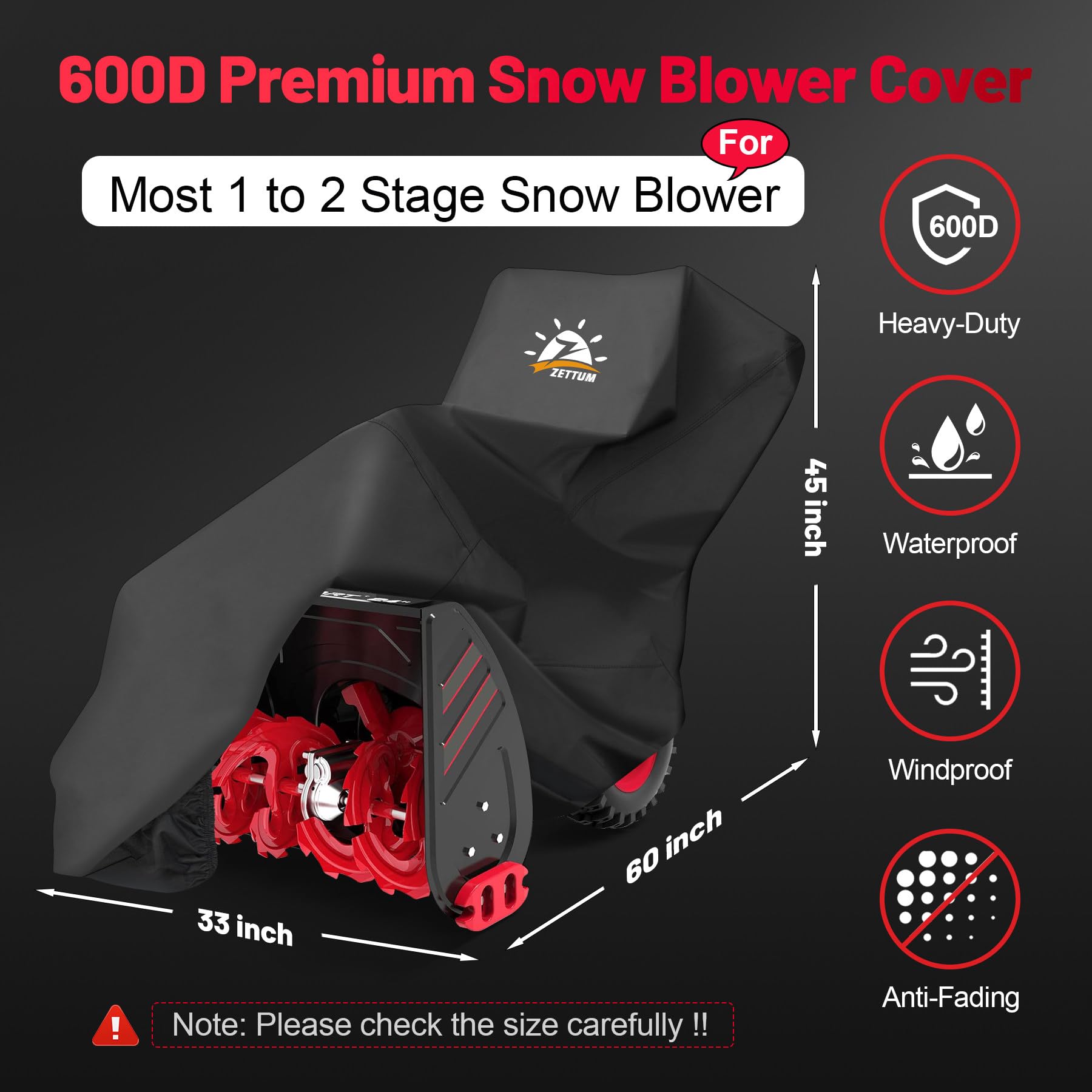 Zettum Snow Blower Cover side view showing dimensions