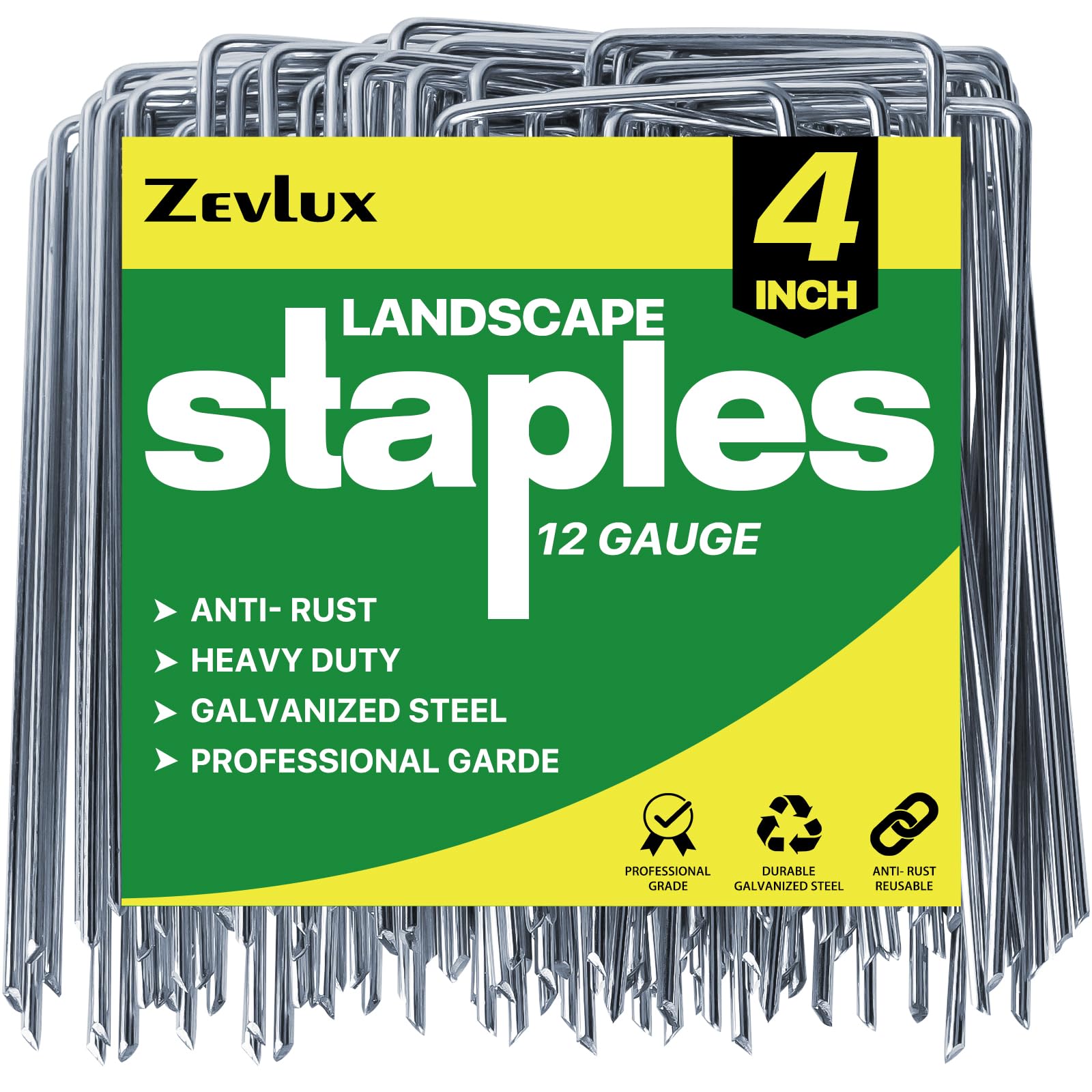 Zevlux 4 inch galvanized landscape staples in box