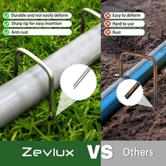Zevlux 4 inch garden stakes used to secure landscape fabric