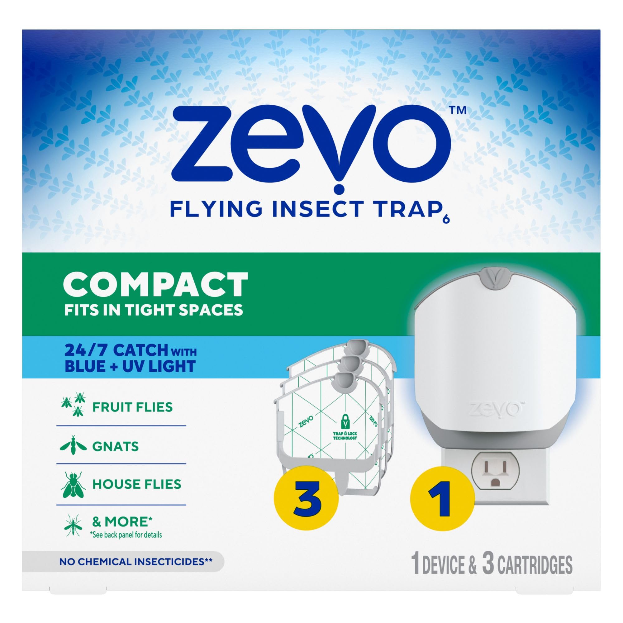 ZEVO Compact Flying Insect Trap front view with plug-in base